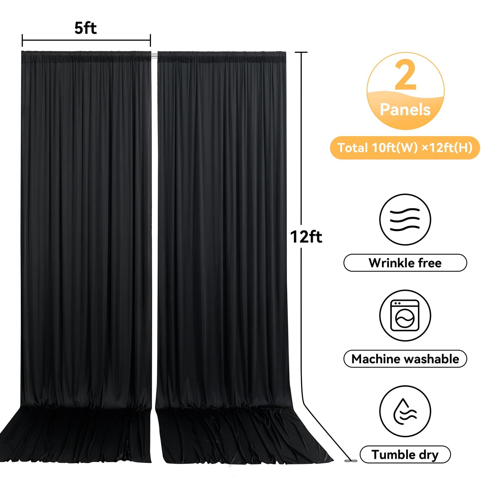 10x12ft Black Backdrop Curtain for Wedding 5ft(W)x12ft(H)_2 Panels,