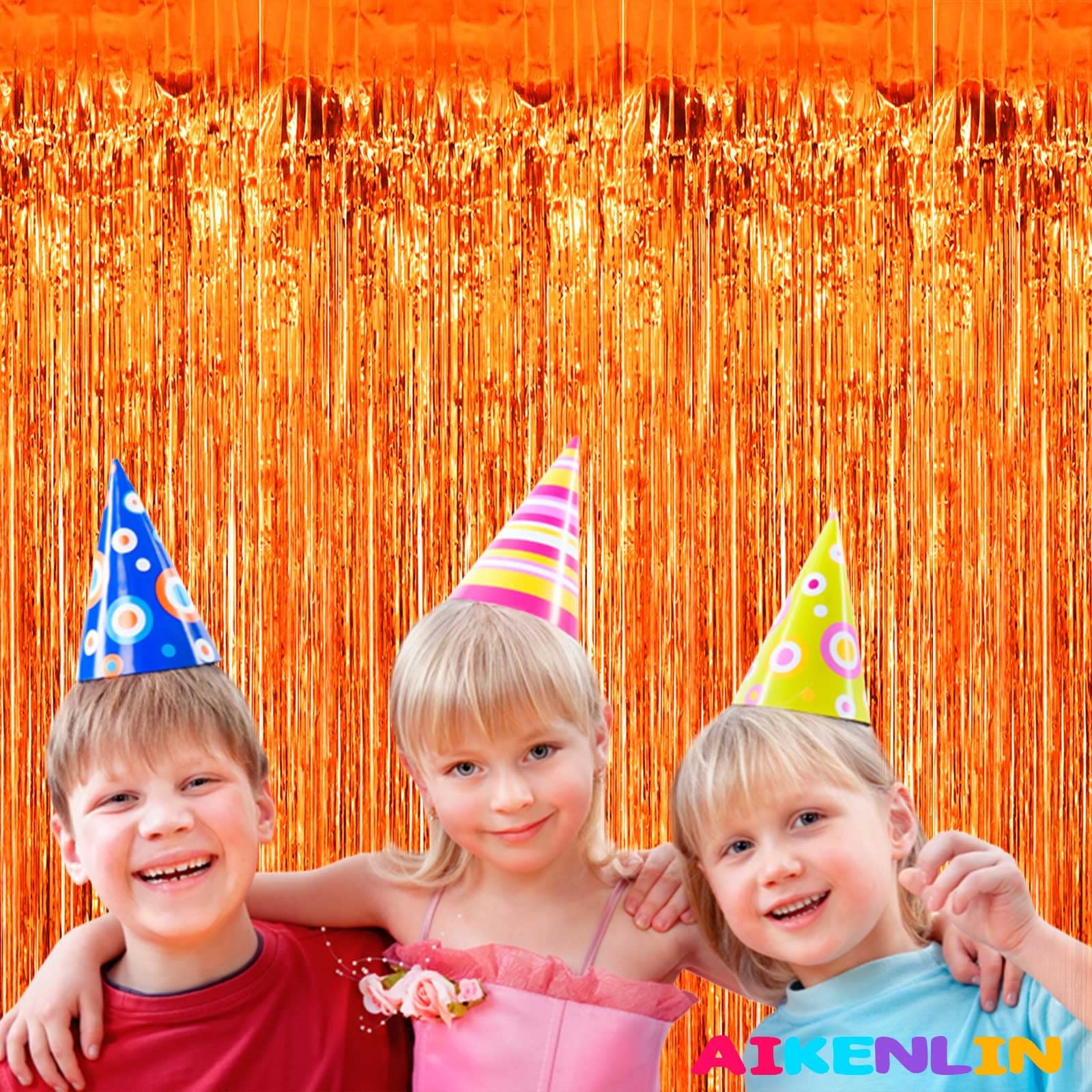 Orange Metallic Foil Fringe Curtain Backdrop Streamers 3.2×9.8 Ft 4 Pack