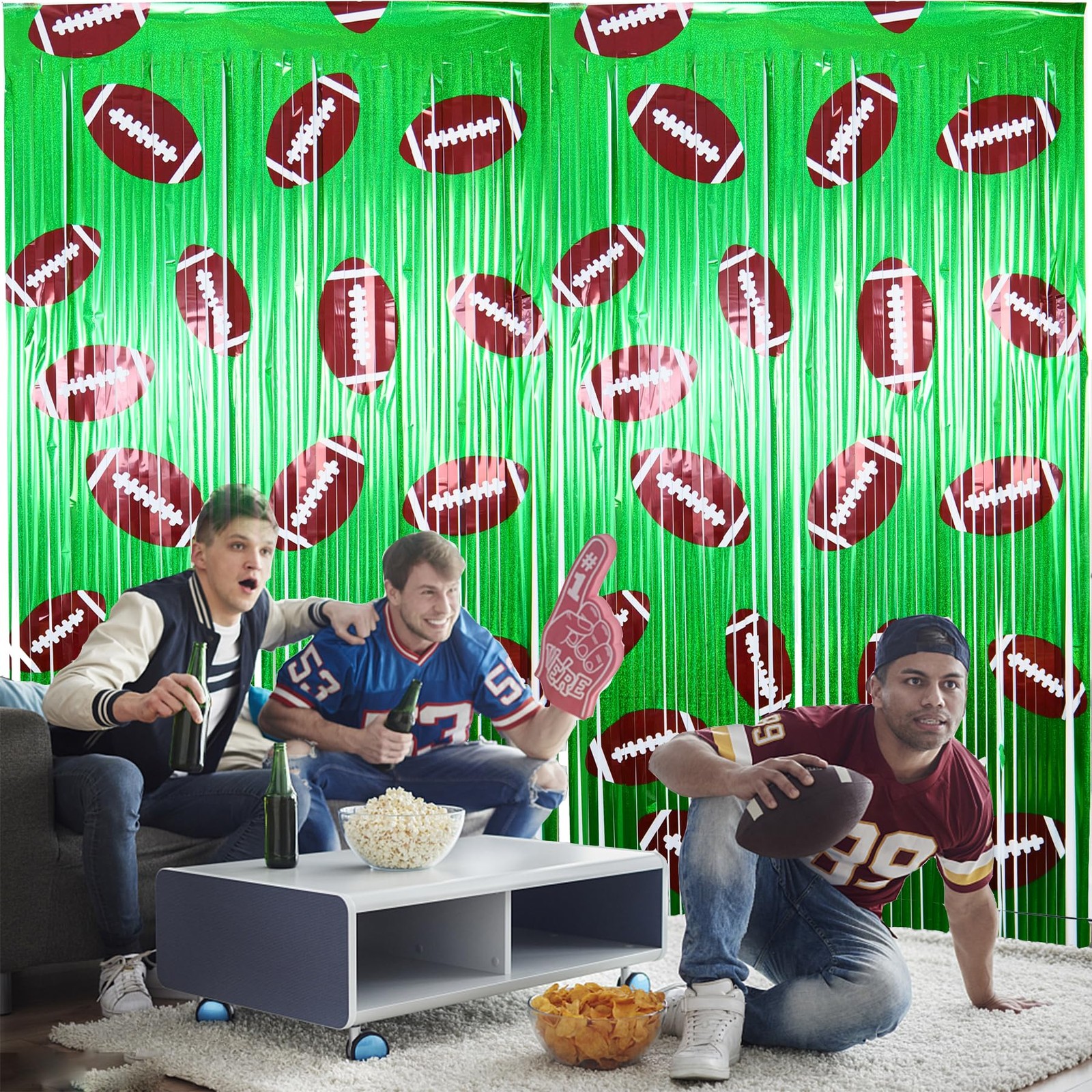 2Pcs Football Background Party Decorations3.3×6.6 ft Football Foil Fringe Cur…