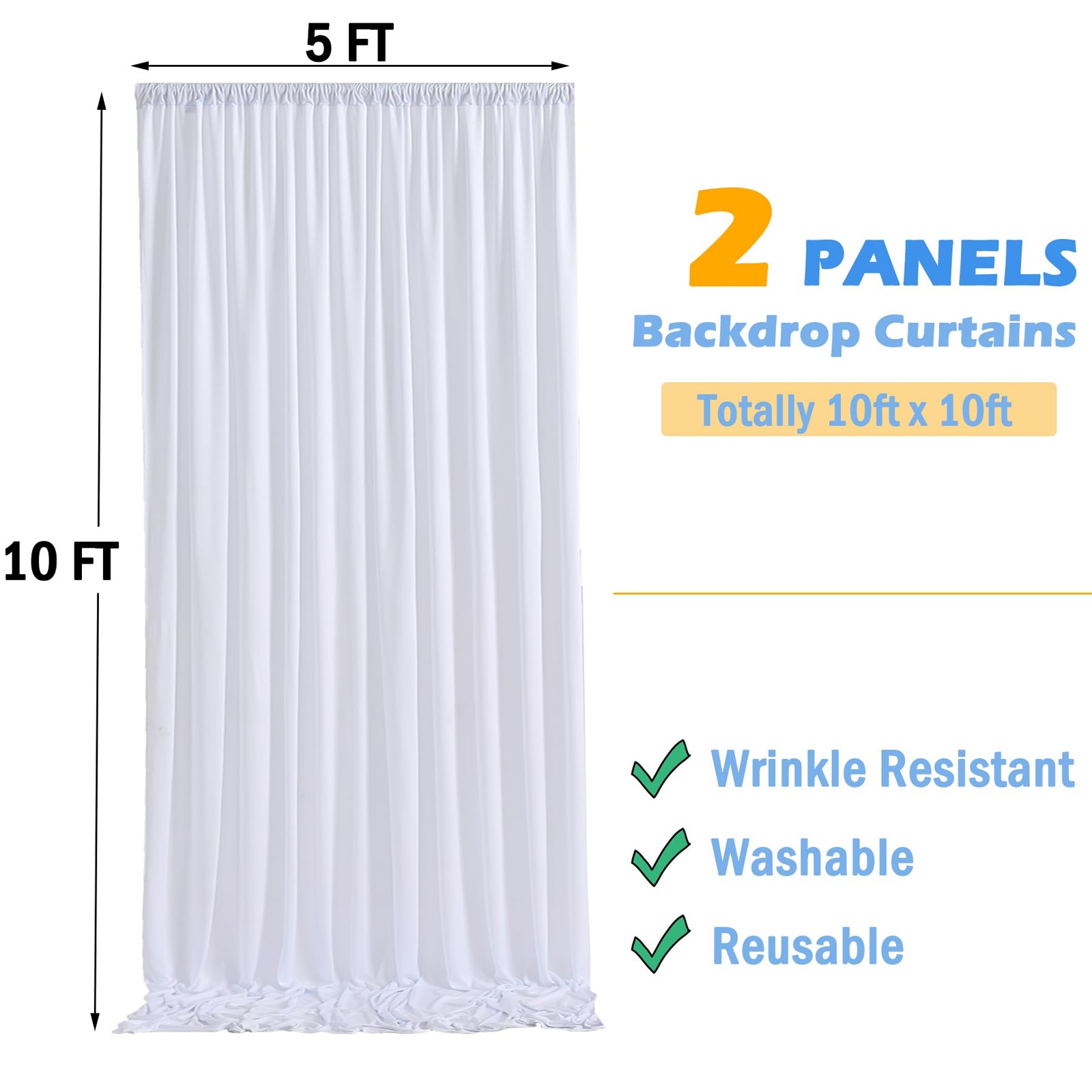 10x10ft Wrinkle Free White Backdrop Curtains 2 Panels 5x10ft Silky Polyester