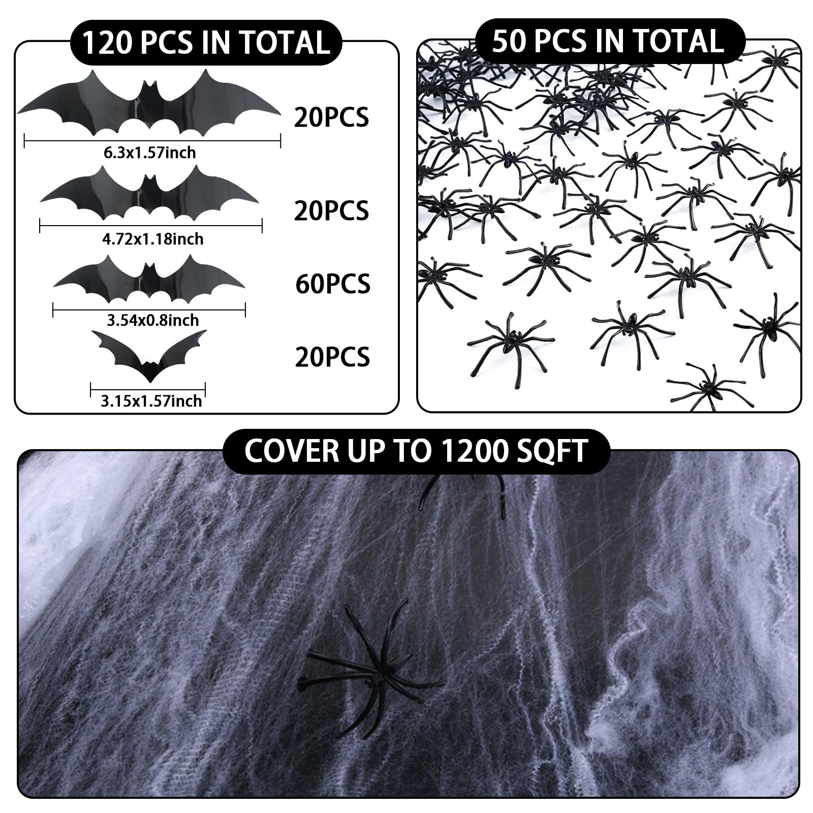 Halloween Spider Webs &120pcs Fake Bats 50pcs Fake Spiders Decoration 1200 sqft
