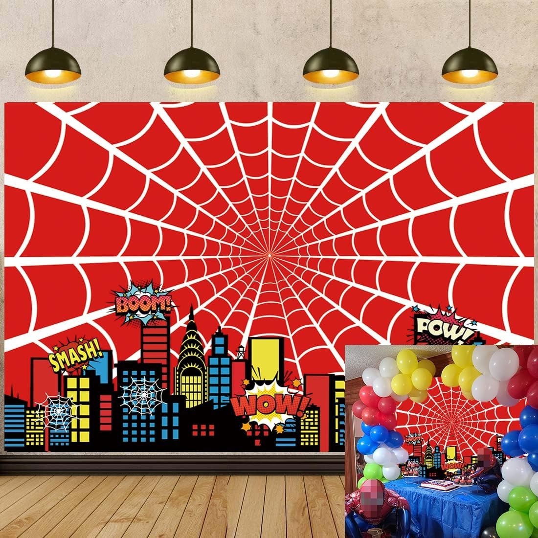 Red Spider Web Backdrop 7x5FT Cartoon City Super Heros 7x5FT: Bx23