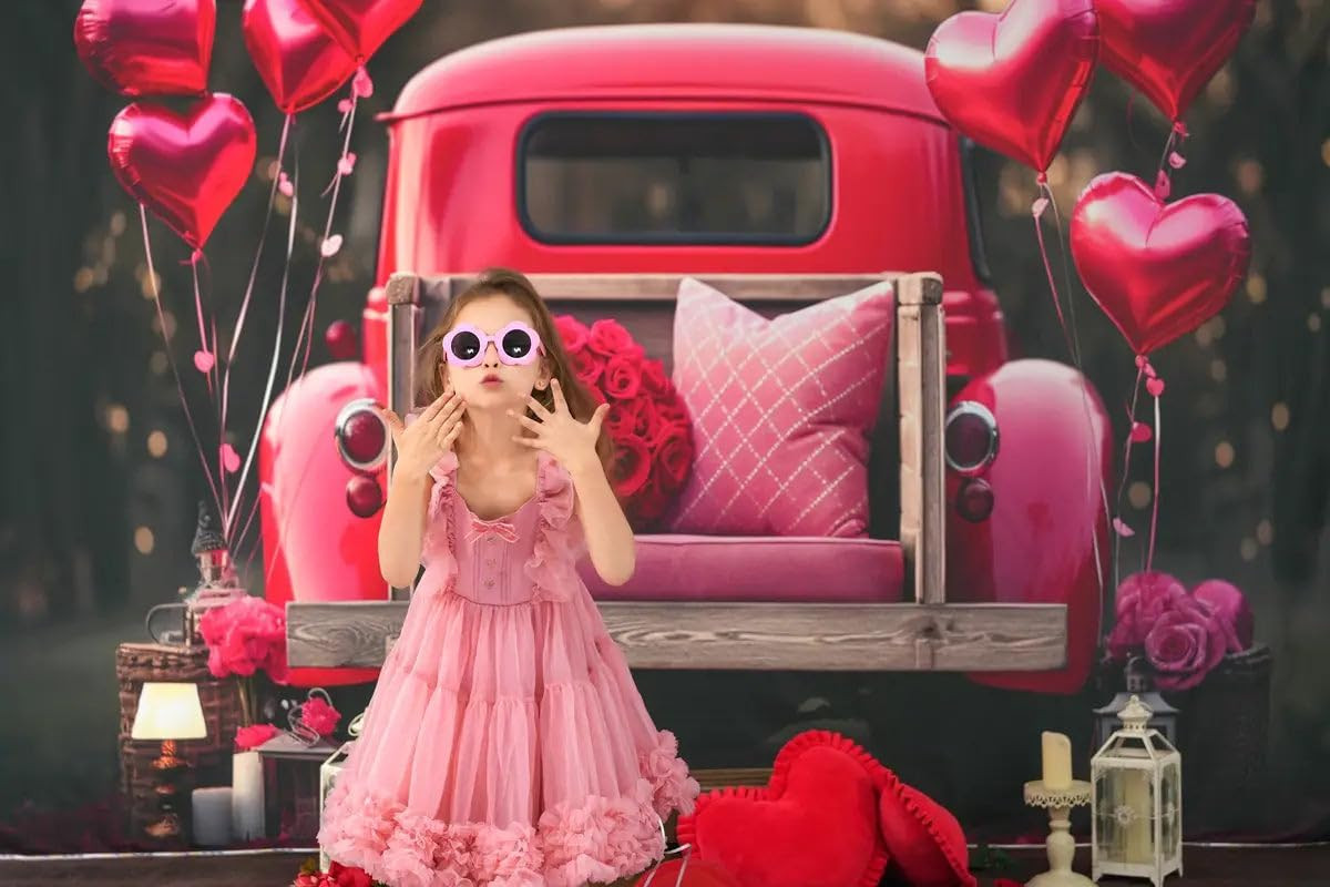 10X8Ft/3X2.5M Valentine Backdrop Truck Heart Balloon Rose Computer Printed Cloth