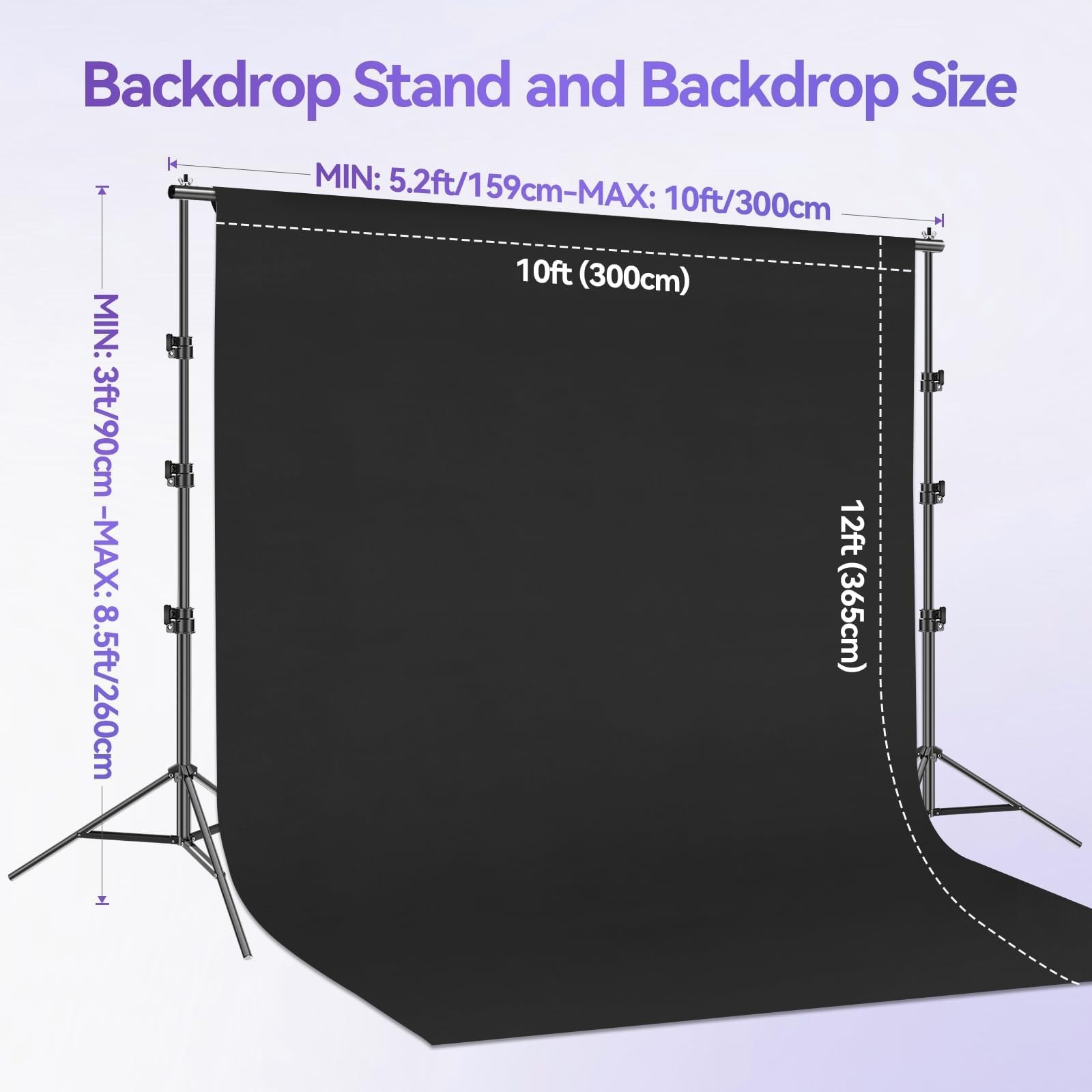 Adjustable Photo Backdrop Stand Kit 8.5x10ft with 12x10ft Black Background for P