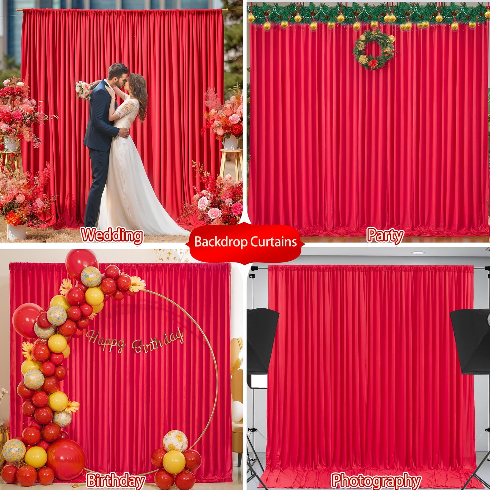 2 PCS 8×10 FT Red Backdrop Curtains NoWrinkle Polyester Photo Drapes