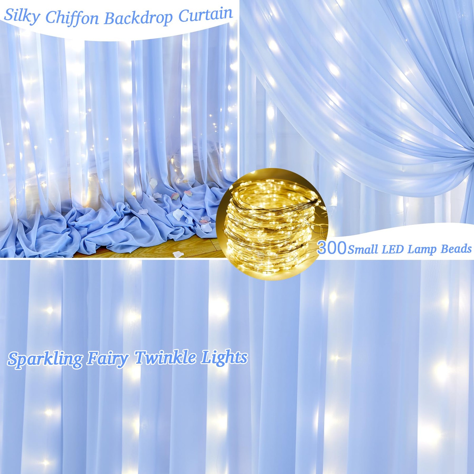 Chiffon Backdrop Curtain Lights String Sheer Tulle Wedding Baby Blue 10x10ft