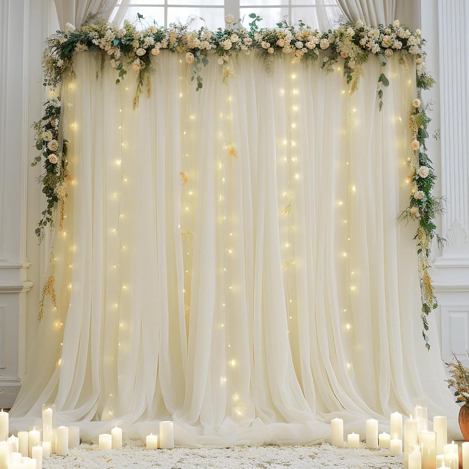 10ft x 10ft Ivory Backdrop Curtain with Lights String for Parties Sheer Tulle
