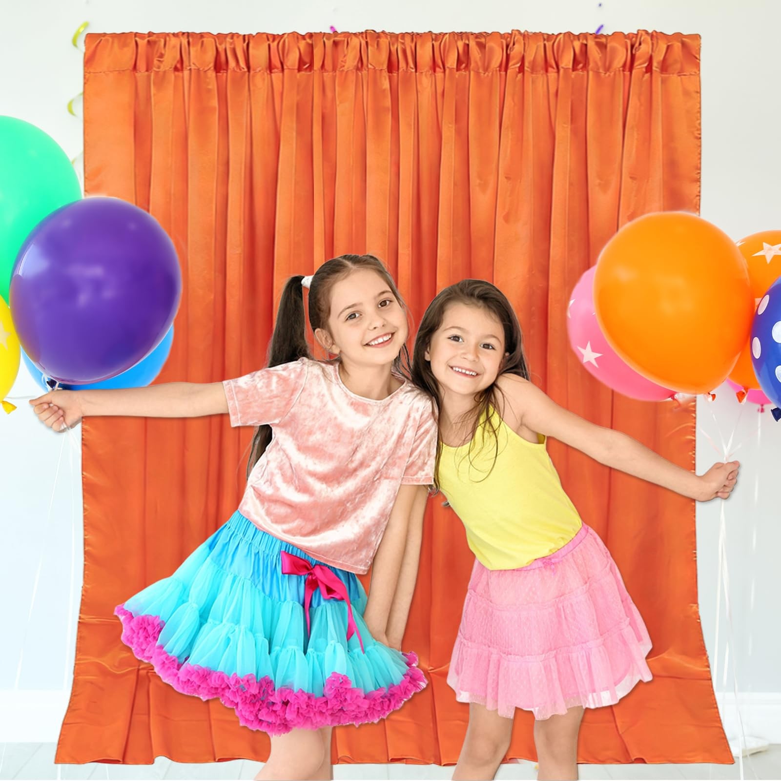 2 PCS 10×10 Ft Orange Fabric Satin Backdrop Curtain Rod Pocket Party Drapes