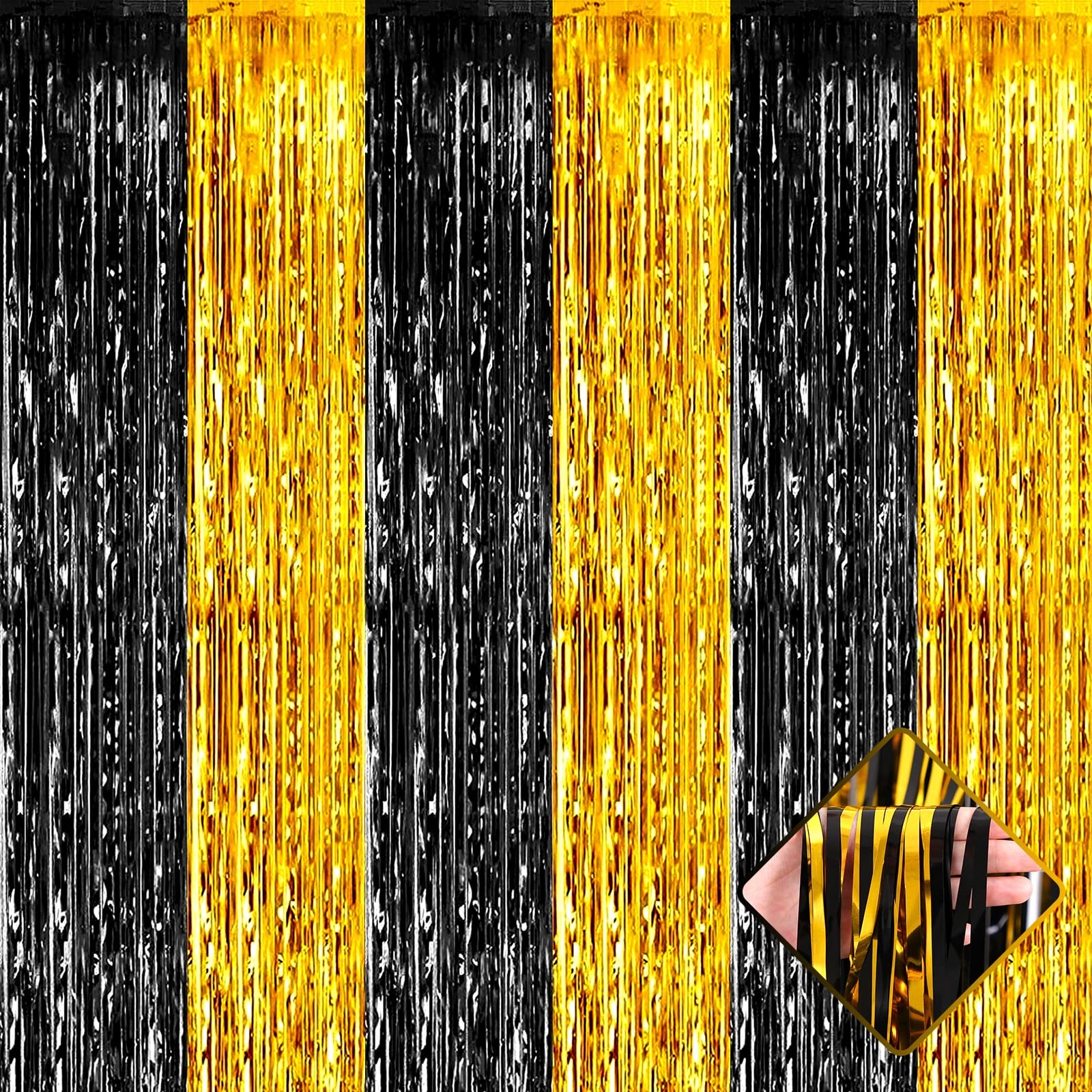 4 PCS 3.2×9.8Ft Black Gold Foil Fringe Curtain Backdrop Metallic Tinsel