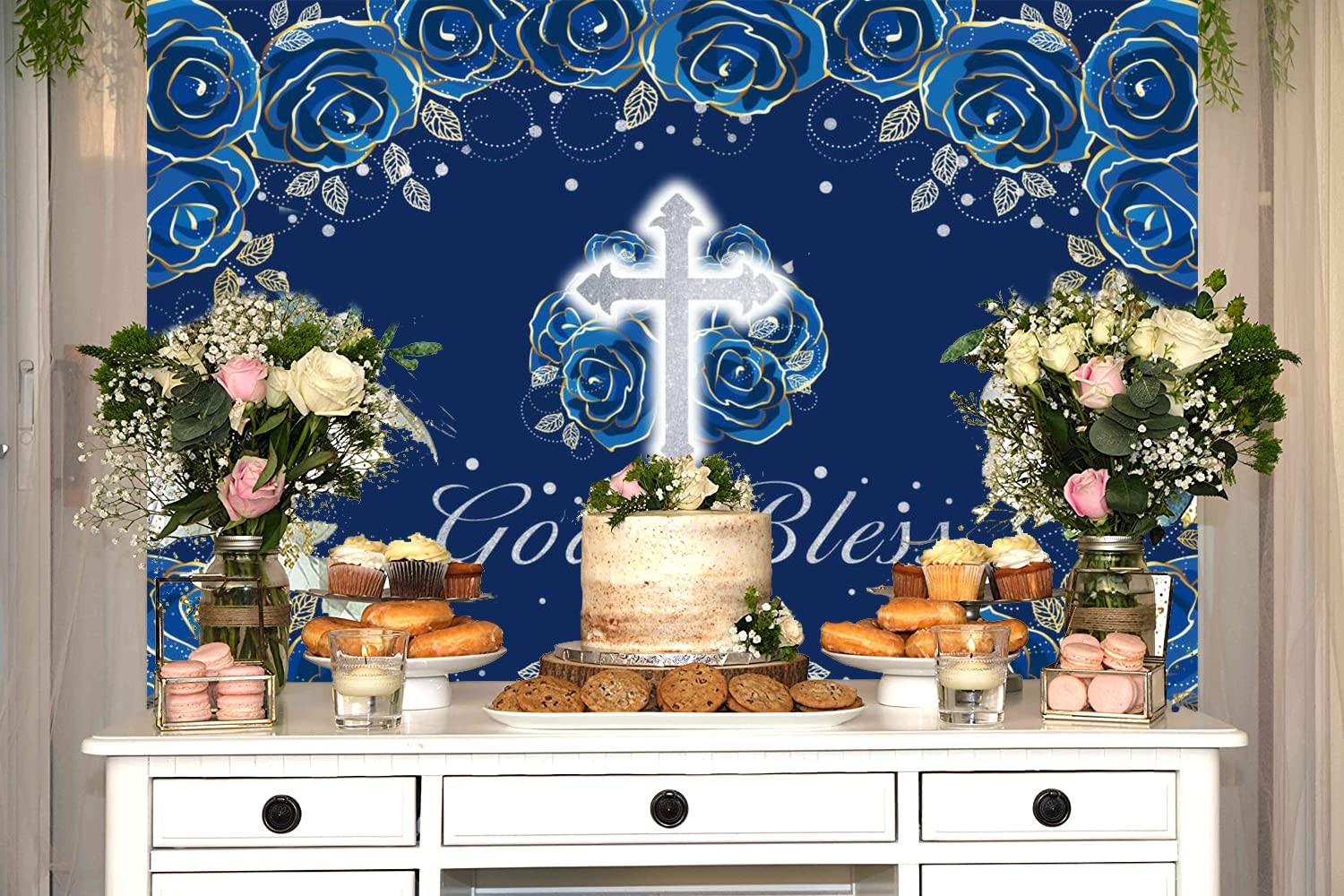 7x5ft God Bless Mi Bautizo Backdrop Baptism Christening Boy Blue Photo Prop