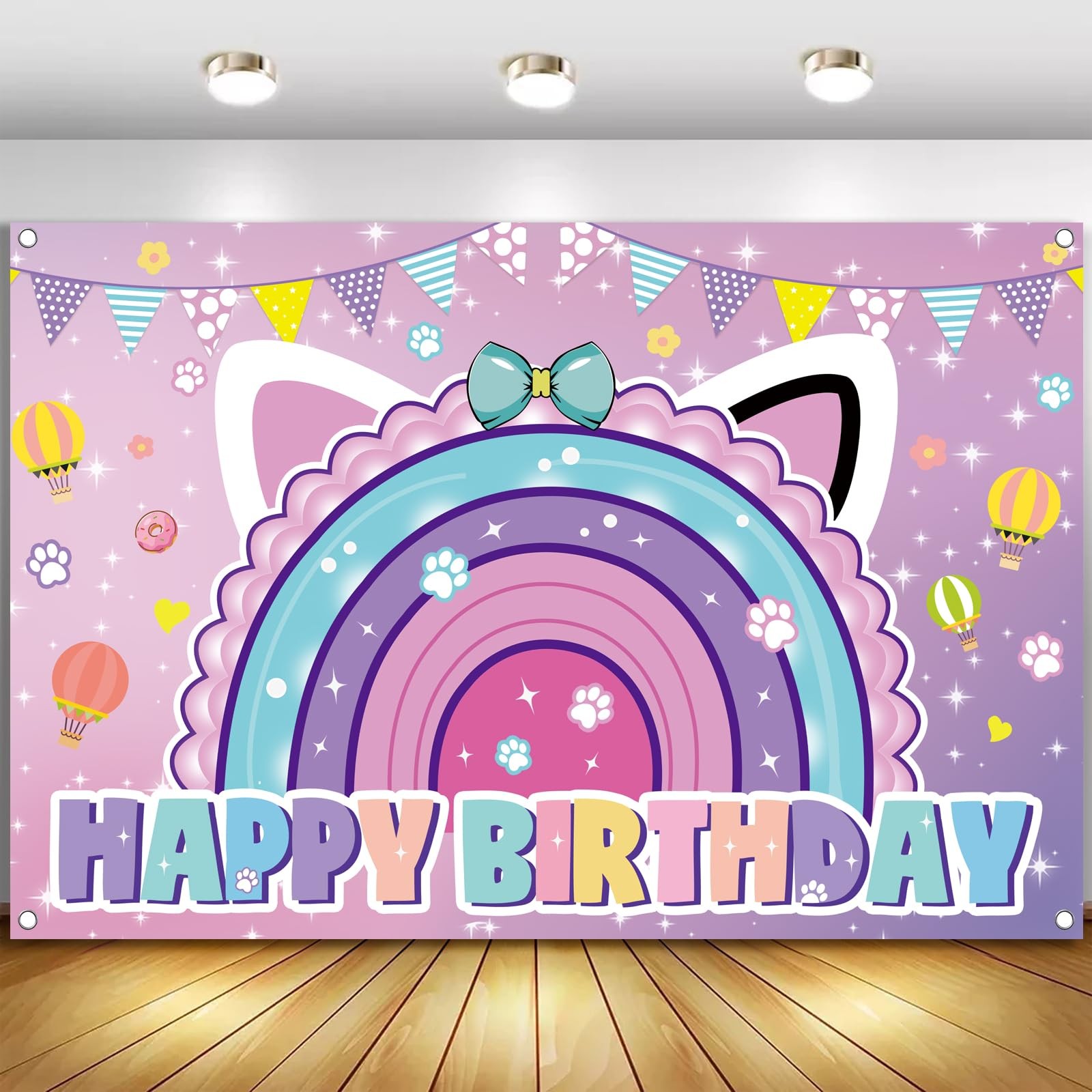 Cartoon Cat Theme Happy Birthday Photography Backdrop, 7x5ft Rainbow Backgrou…