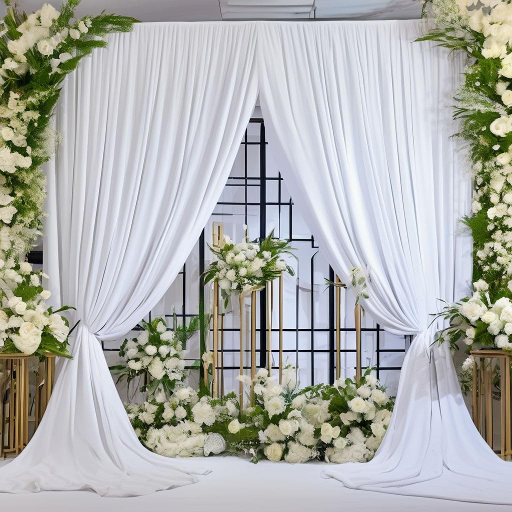 10×10 ft Wrinkle Free White Backdrop Curtains for Parties, Polyester Photo Ba…