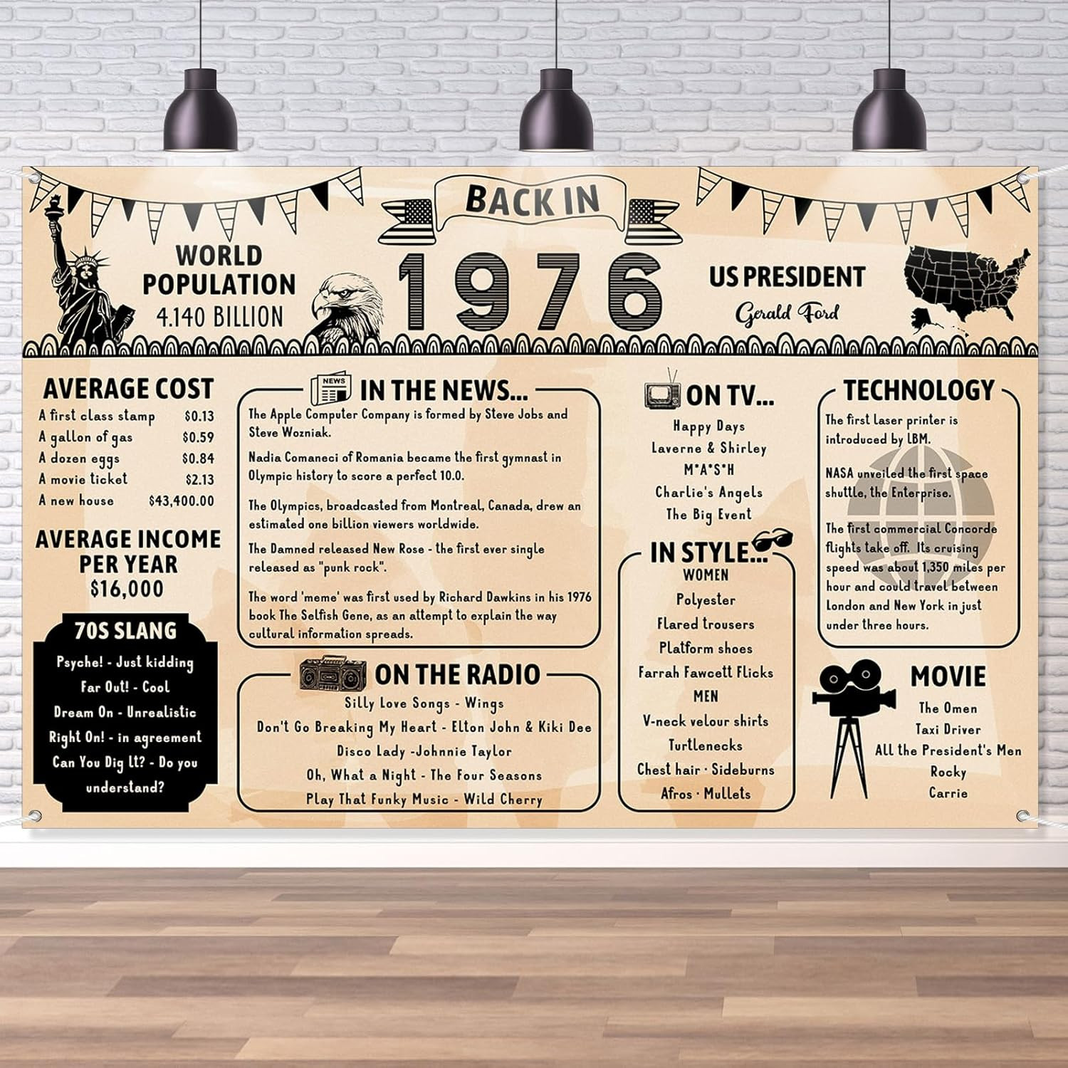 Back in 1976 Backdrop Large Wall Banner, Retro Style Happy 50Th Birthday Wedding