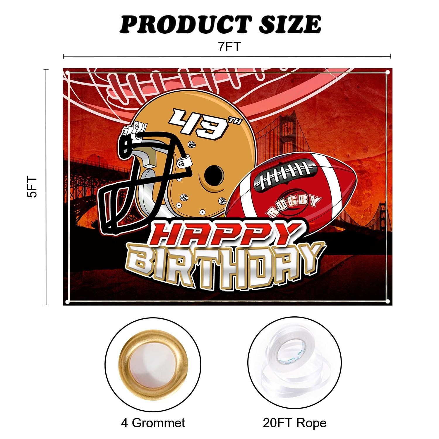 49″ Football Birthday Backdrop – Rugby Team, Golden Gate Bridge, 7x5ft Party Ban