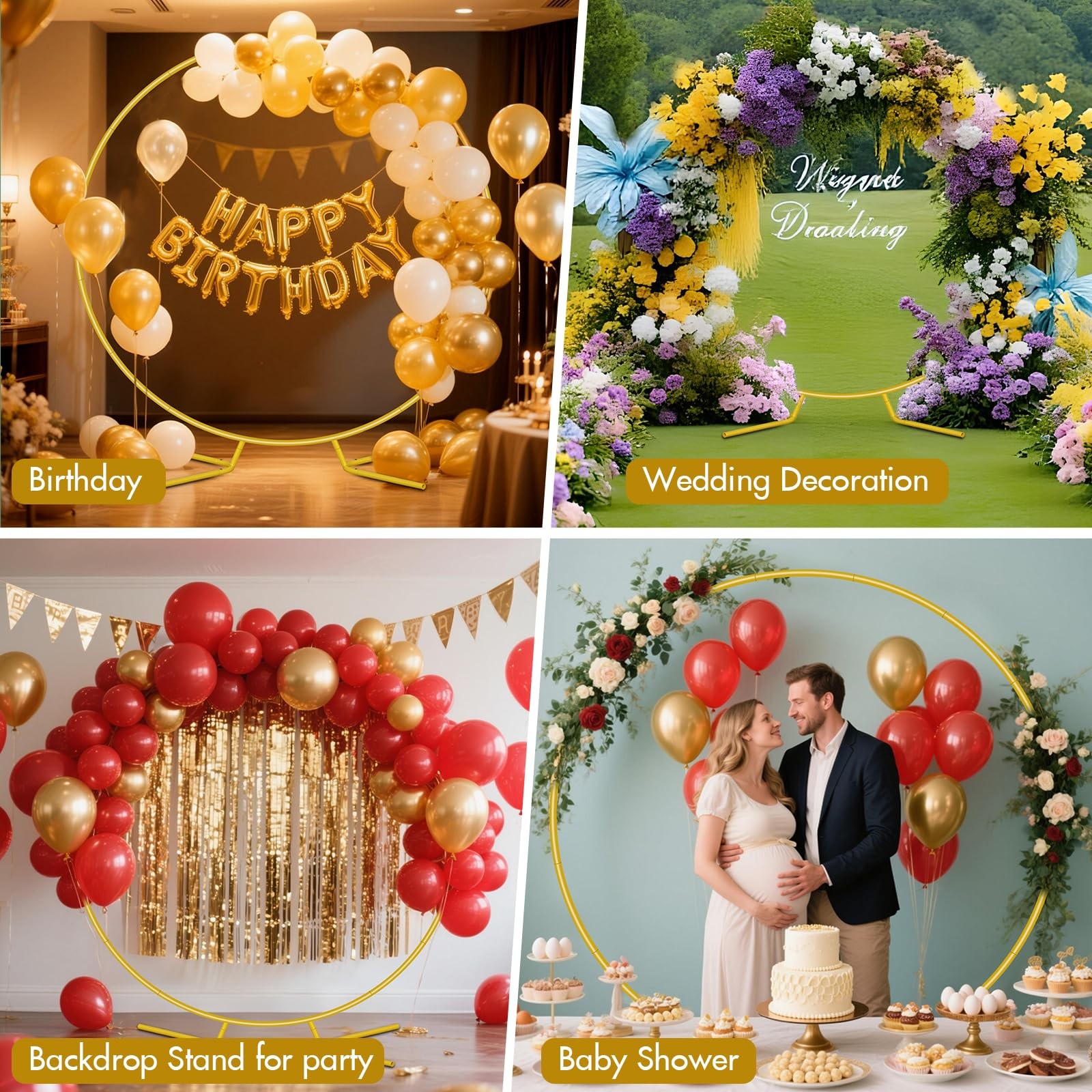 7.2FT Round Backdrop Stand, Circle Gold Balloon Wedding Arch Frame, Metal Wed…