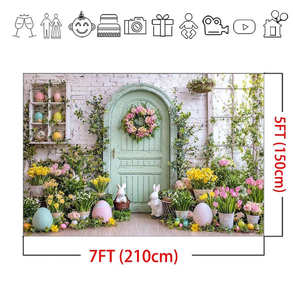 Spring Easter Backdrop 7x5ft – Green Wooden Wall Floral Photography Background D