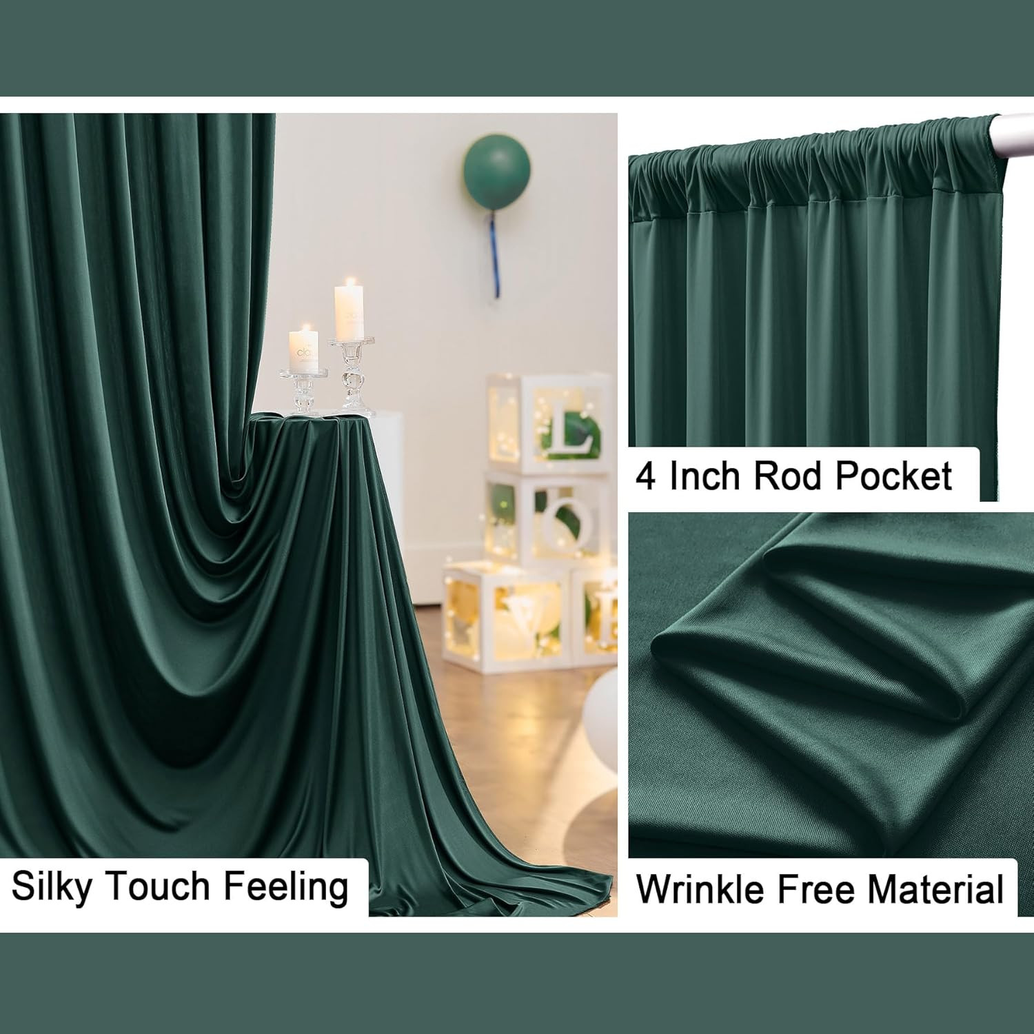 40 Ft Wrinkle-Free Hunter Green Backdrop Curtain for Parties & Photography