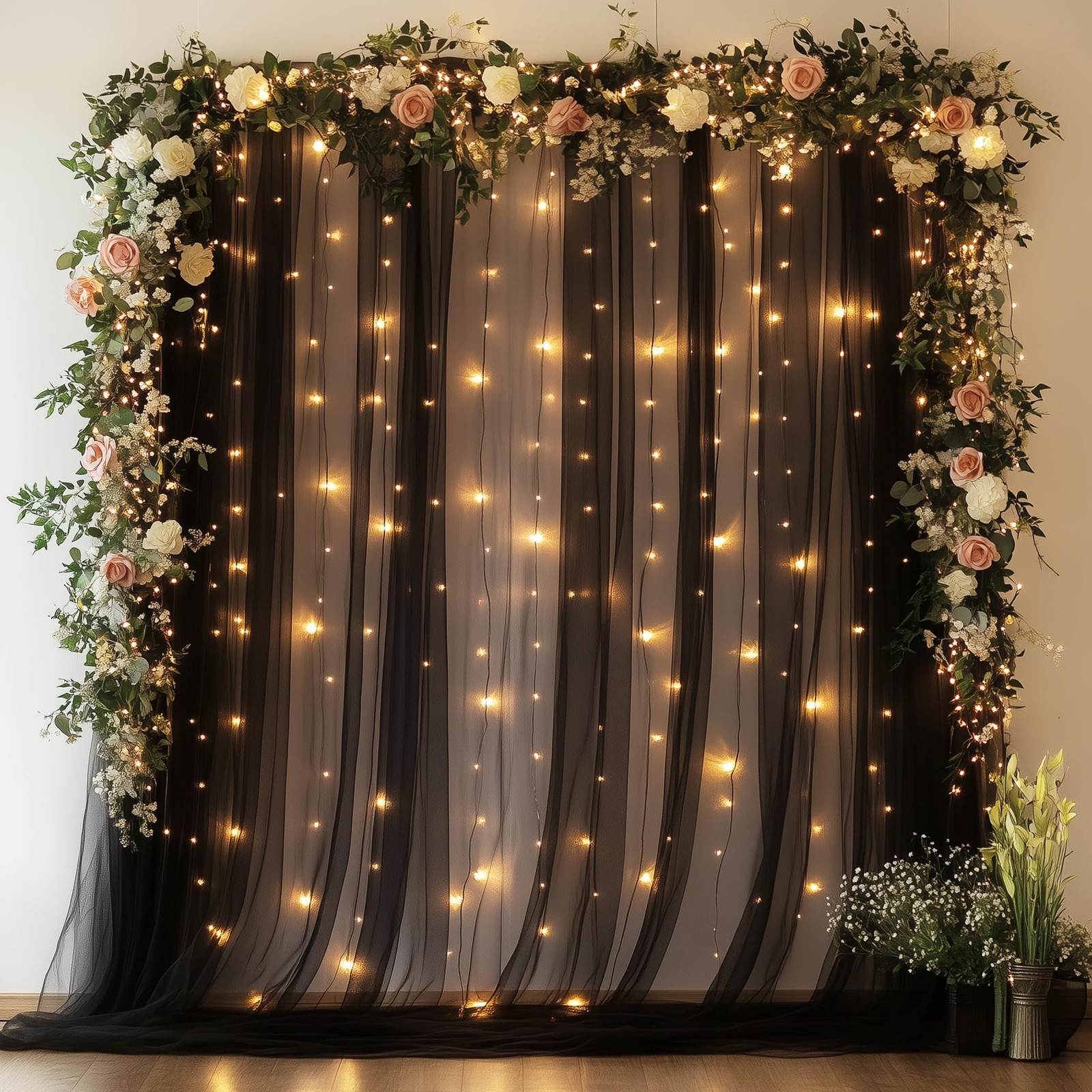 2 Panels 5×8 Ft Black Sheer Tulle Backdrop Curtain Lights Wedding Party