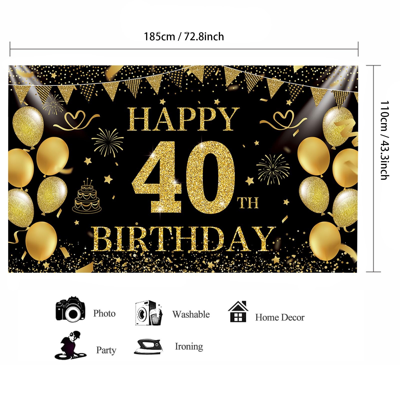SMENGGIL Black Gold 40th Happy Birthday 72.8 inches x 43.3 inches,