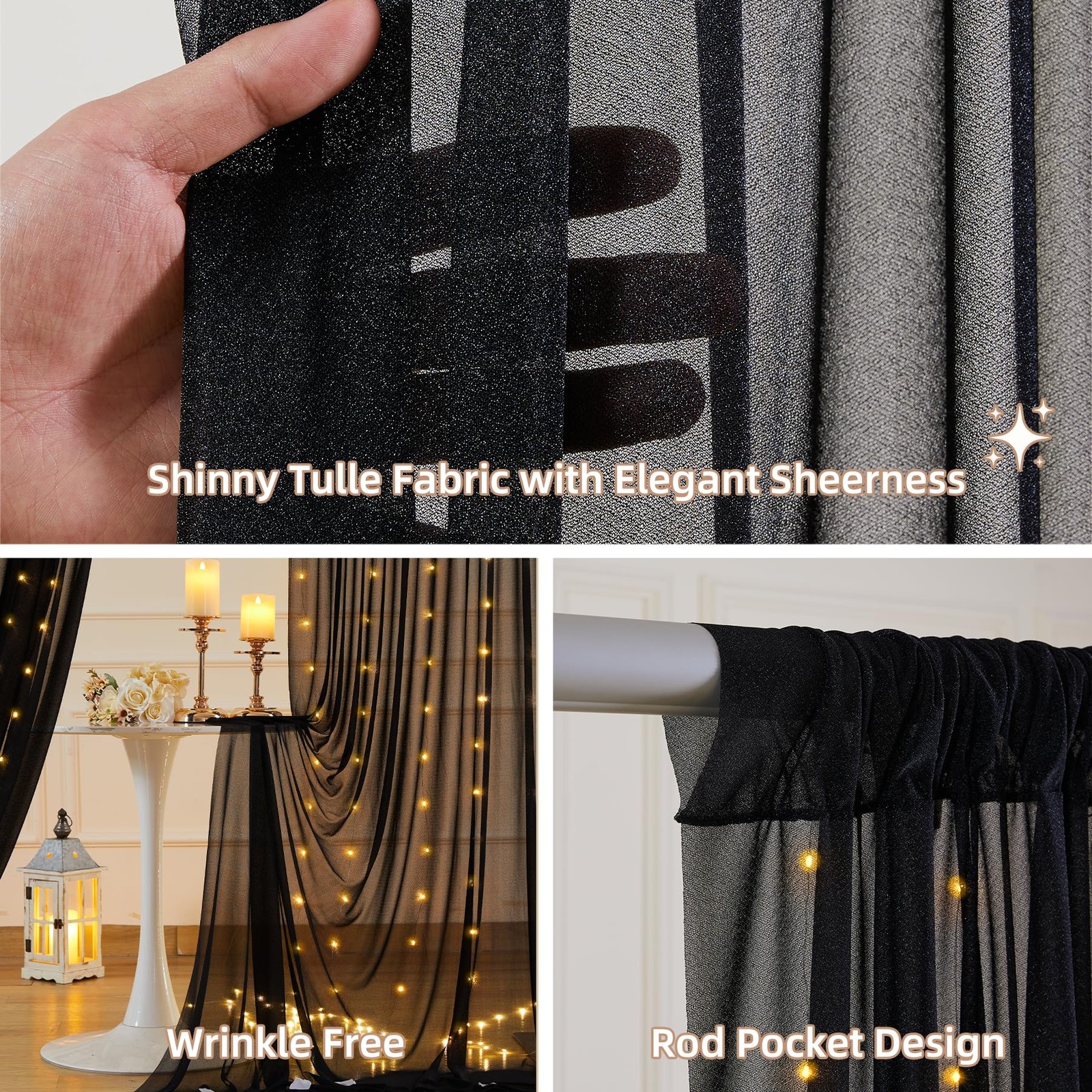 Black Backdrop Curtains 10x10ft Wrinkle Free With Light String Background