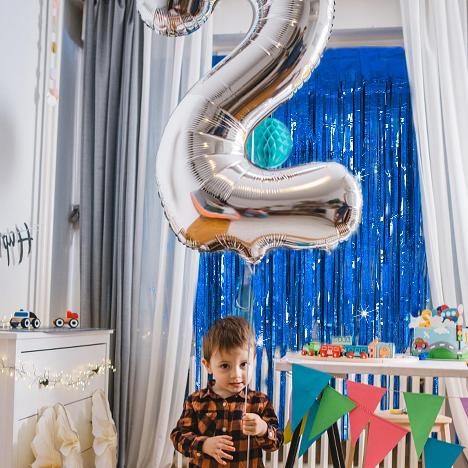 Tinsel Curtain Party Backdrop Blue Birthday Party Decorations 2 Packs Glitter
