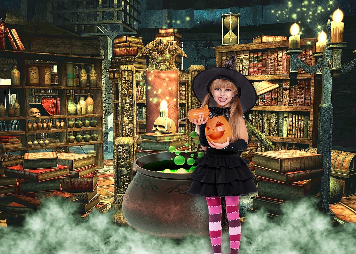 Halloween Photography Backdrop Witch Magic Cauldron Bookshelf in Spooky Room …