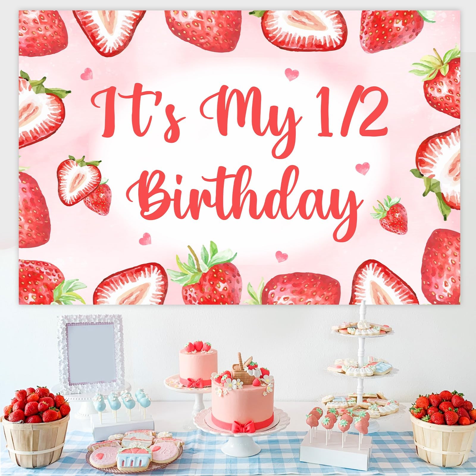 Strawberry 1 / 2 Birthday Party Backdrop 3×5 FT Berry Sweet Half Year Old