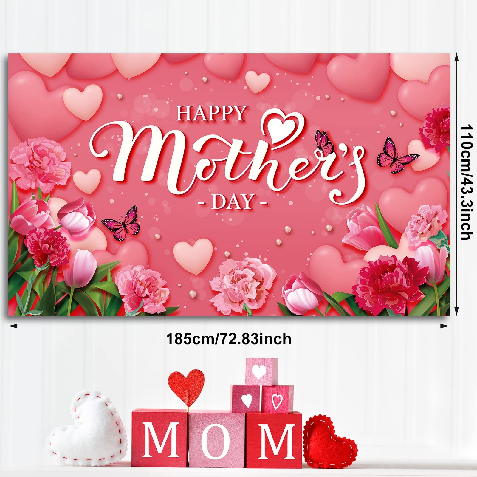 Happy Mother’s Day Banner 72.8 x 43.3 Inch Red Flowers Mothers Day Backdrop Larg