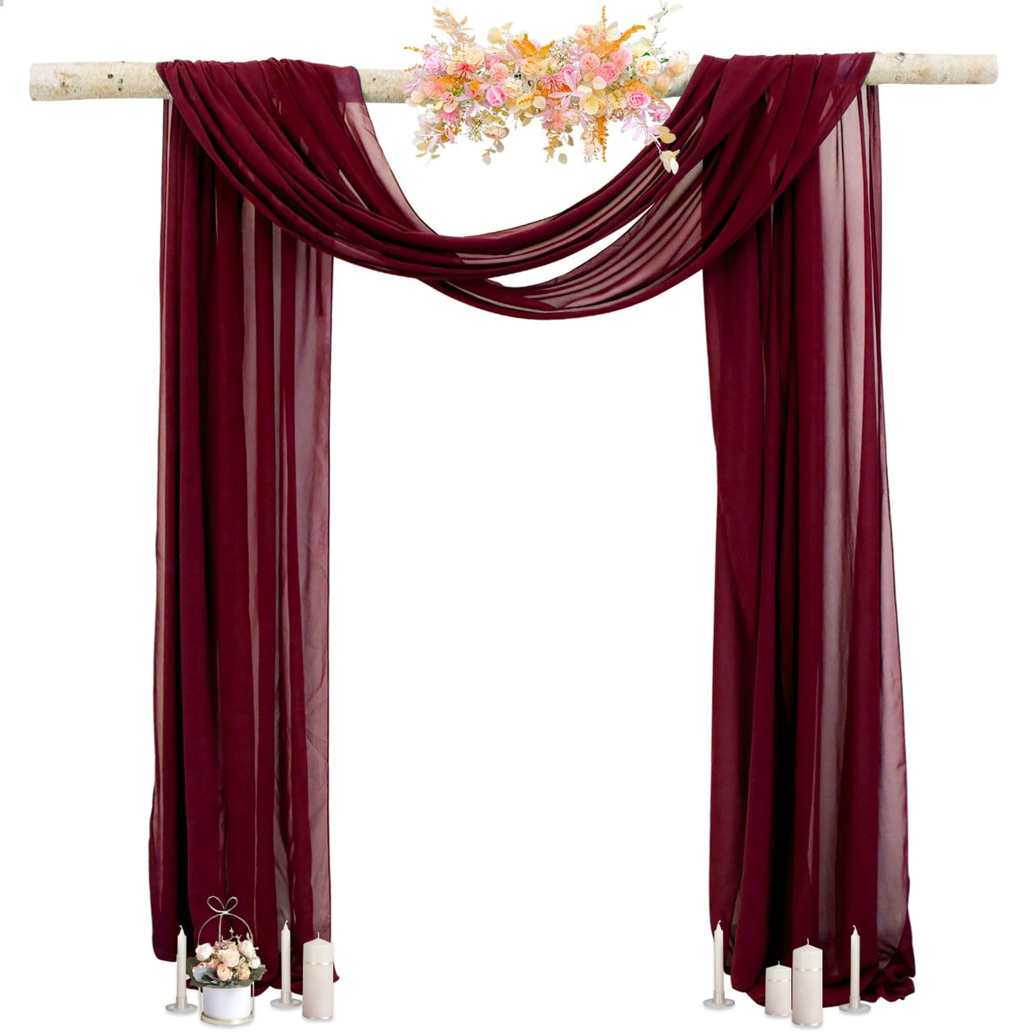 20FT Burgundy Draping Fabric for Wedding 1-Panel Chiffon Sheer Arch Drapes