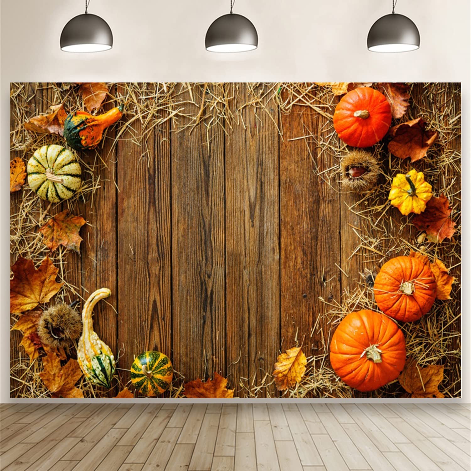 7x5ft Fall Harvest Backdrop Brown Grunge Wood Board Pumpkins Dry Hay Leaves