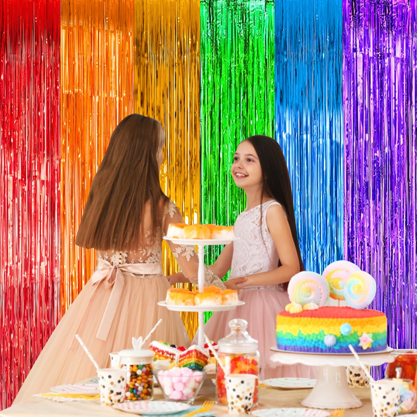Rainbow Foil Fringe Curtains Party Photo Backdrop 3.3×6.6 FT Multi 4 Pack