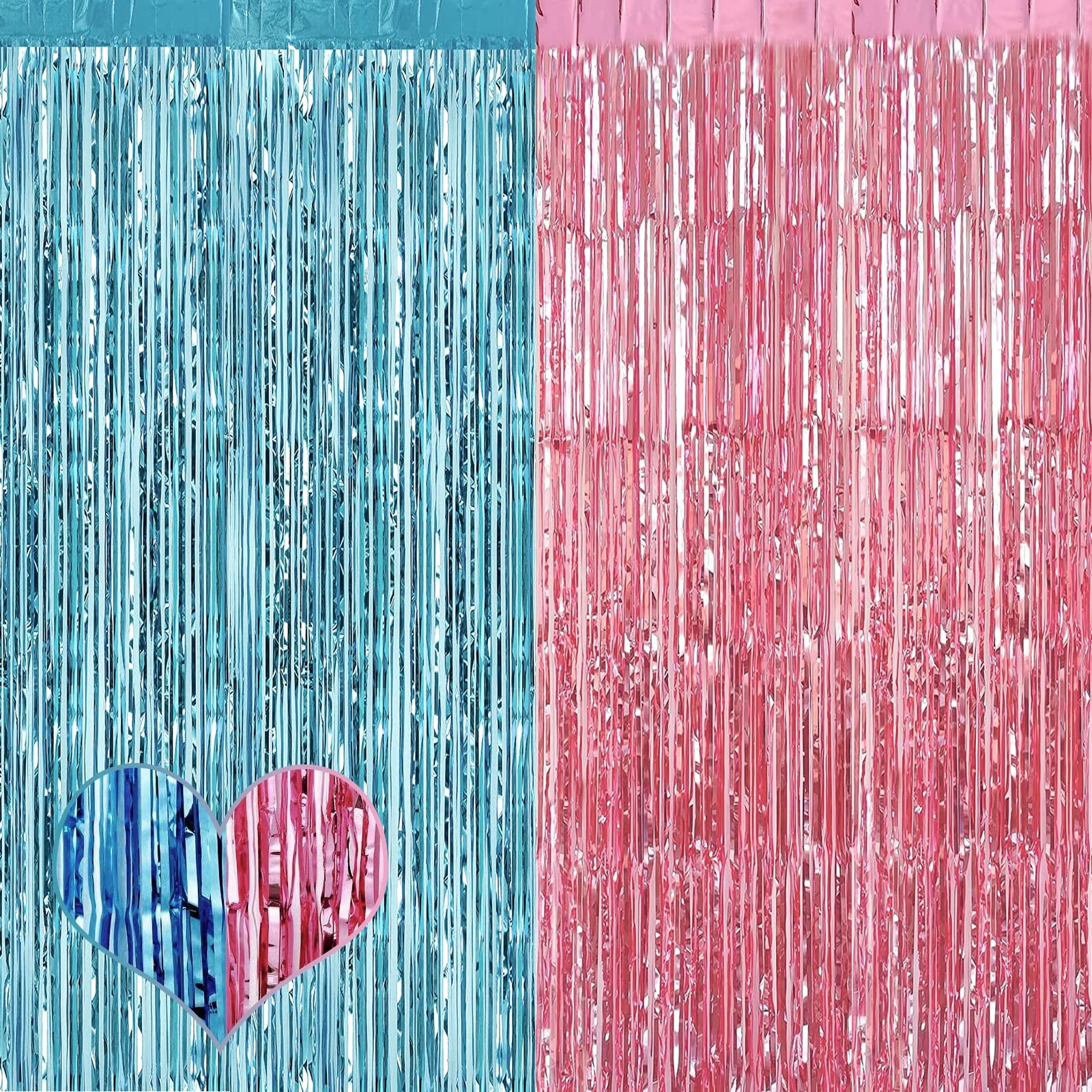 4-Pack 3.2×8.2ft Pink Blue Foil Fringe Curtain Tinsel Streamer Backdrop