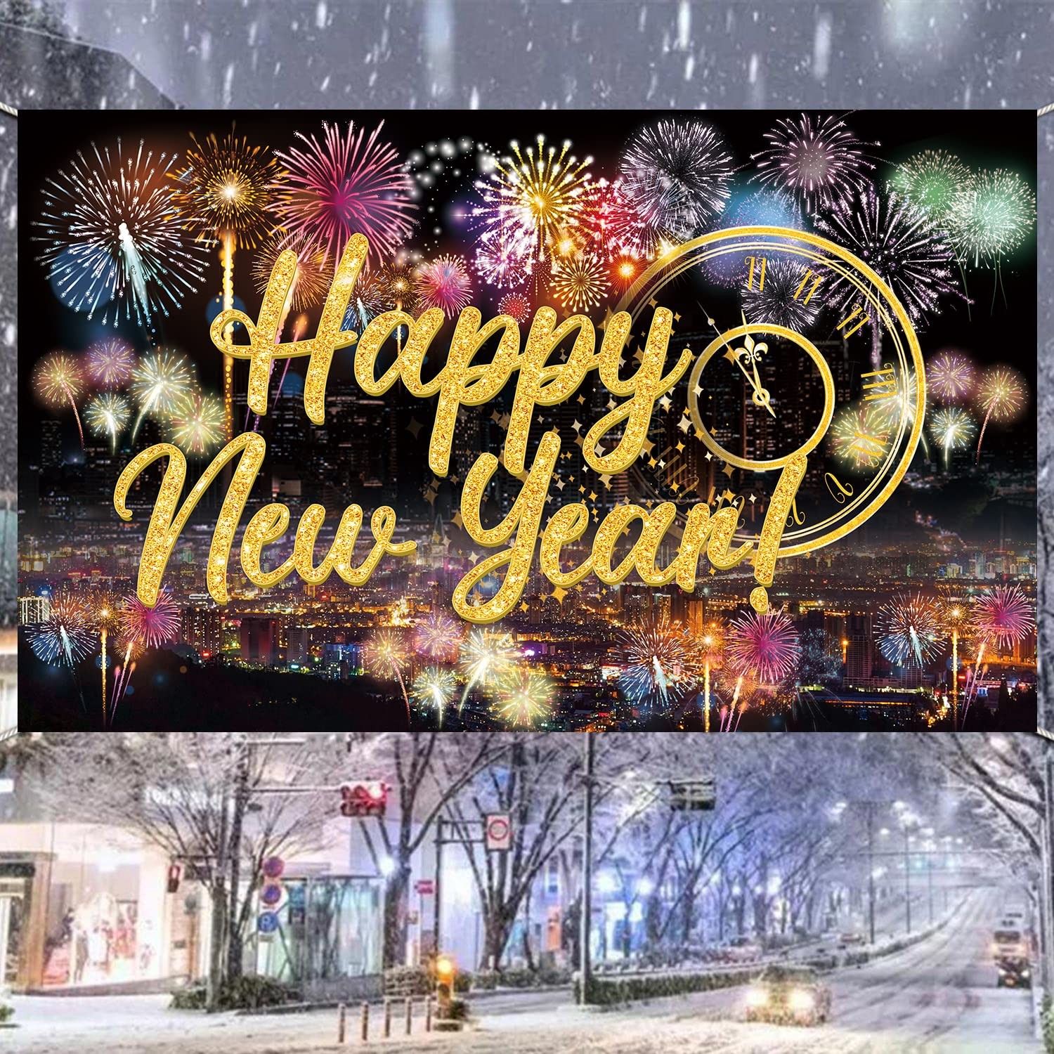 Famoby Happy New Year Fabric Sign Poster Backdrop with Fireworks for Large, b
