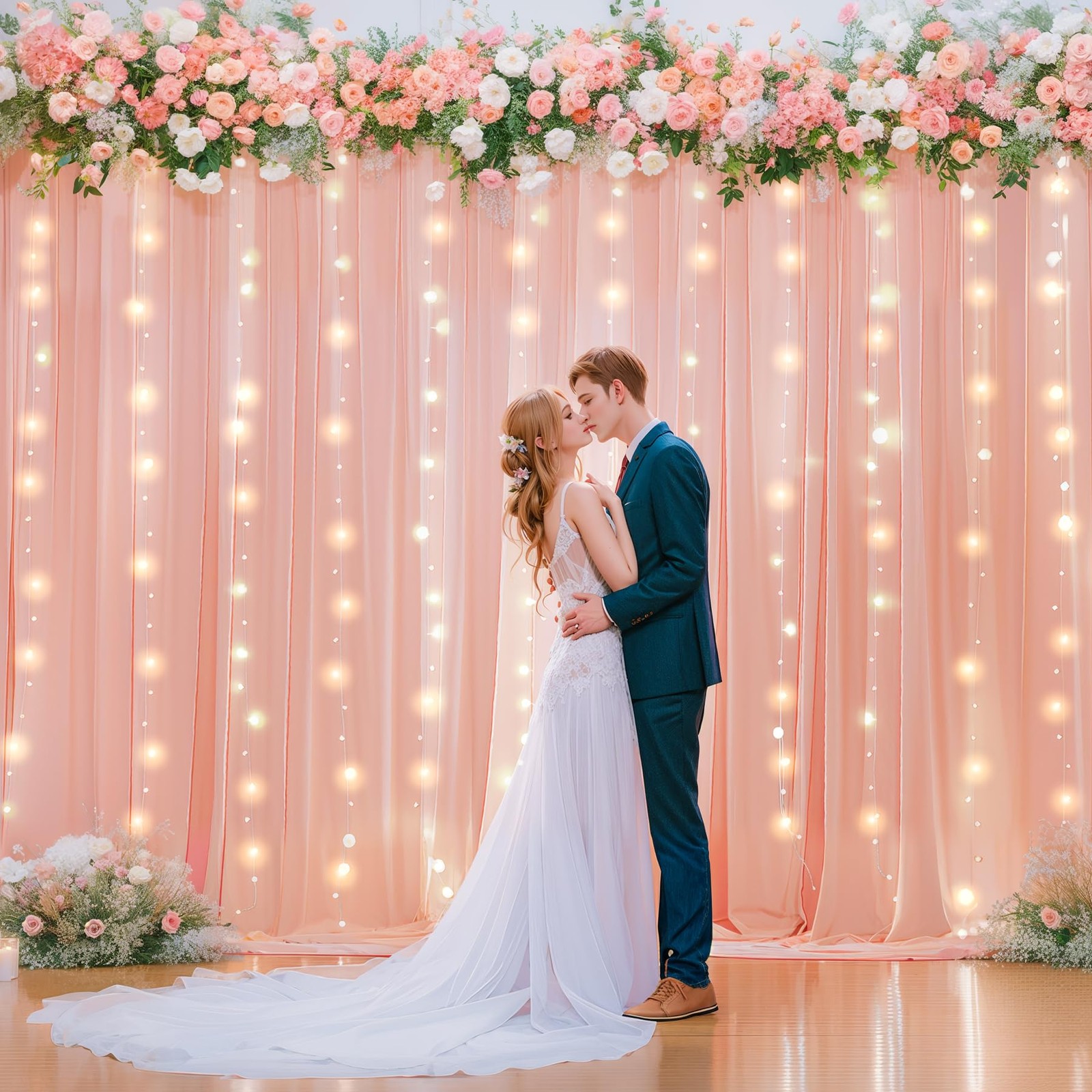 10x7ft Baby Pink Chiffon Backdrop Curtain with Lights String for Party