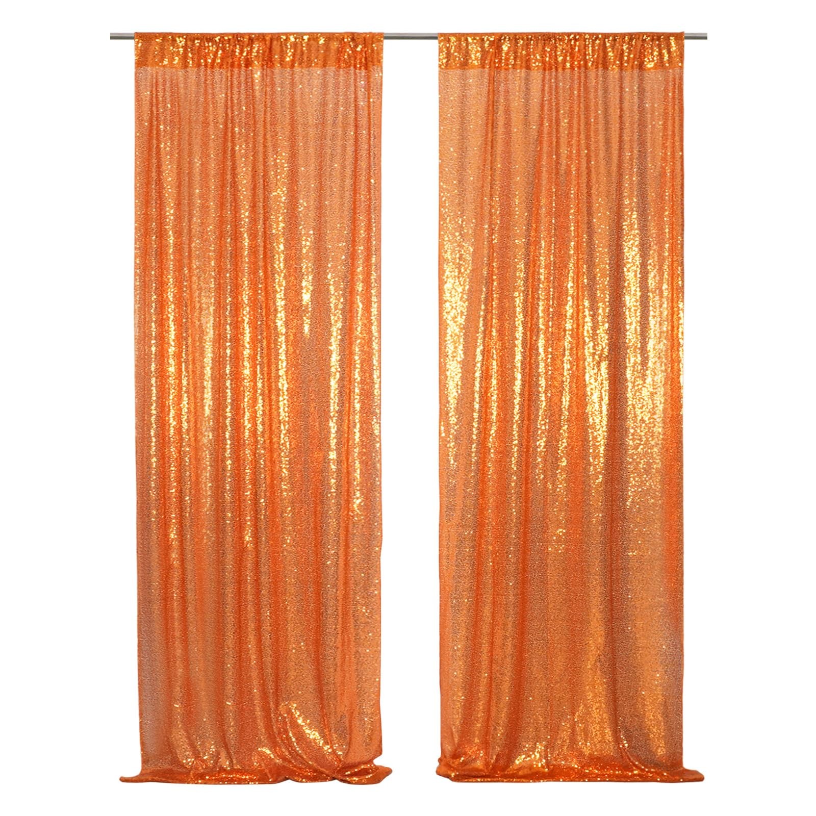2 PCS 2×8 Ft Orange Sequin Backdrop Curtain Glitter Panel Wedding Party
