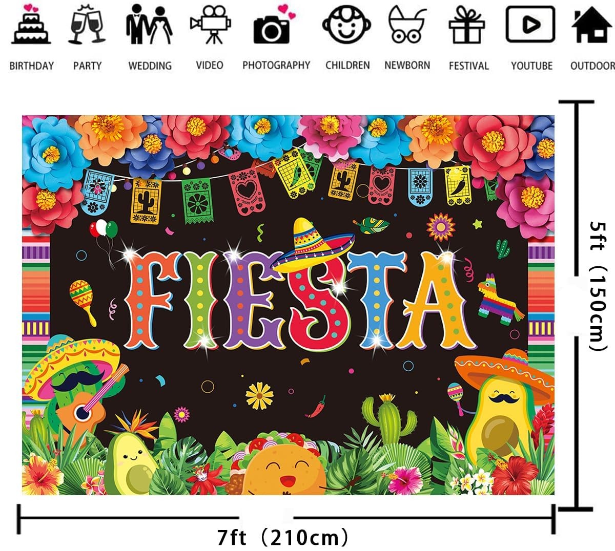 Mexican Fiesta Backdrop Party Decorations 7x5FT 7x5FT, Multicolor