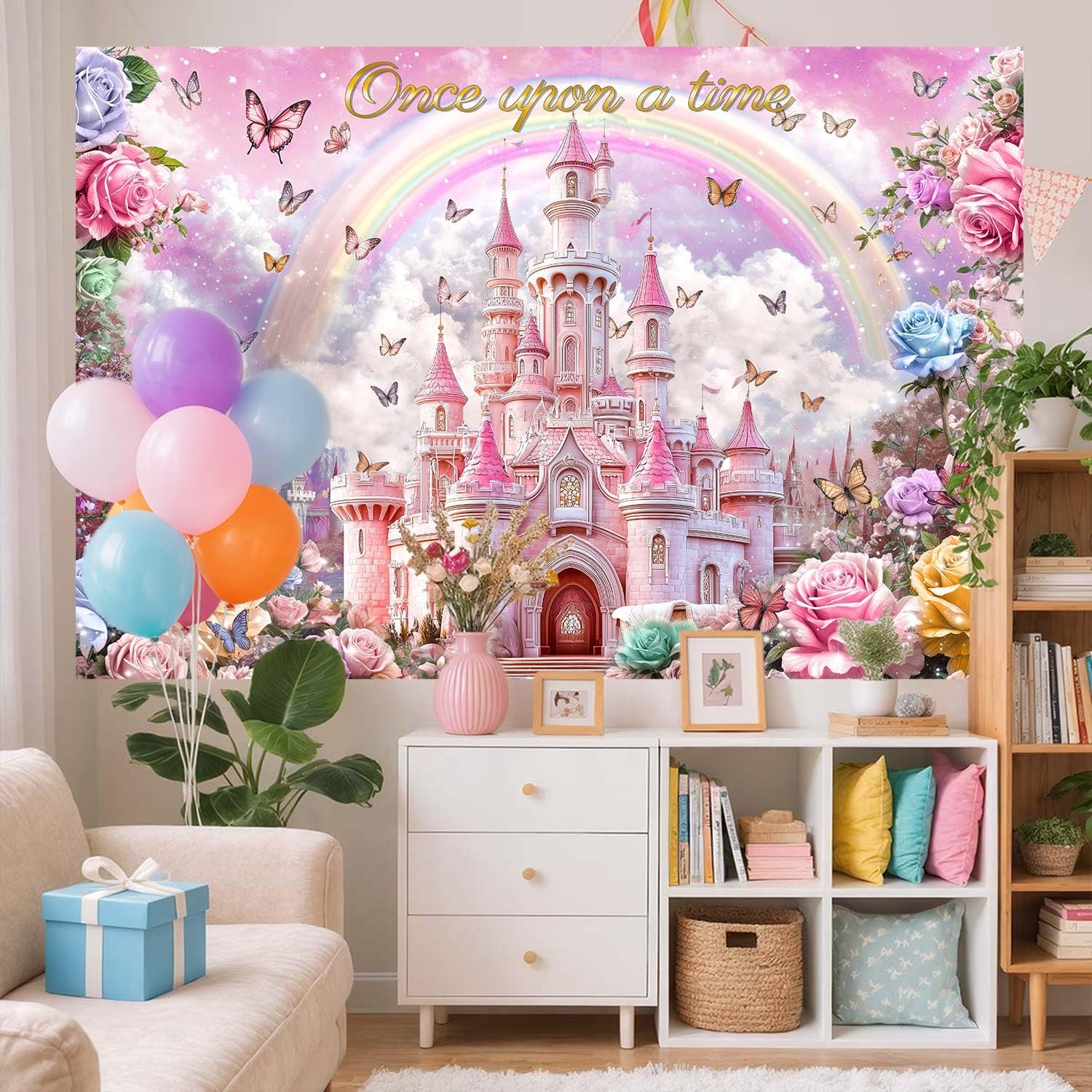 10X8ft Princess Happy Birthday Backdrop for Girls Kids Pink Castle Rainbow Bu…