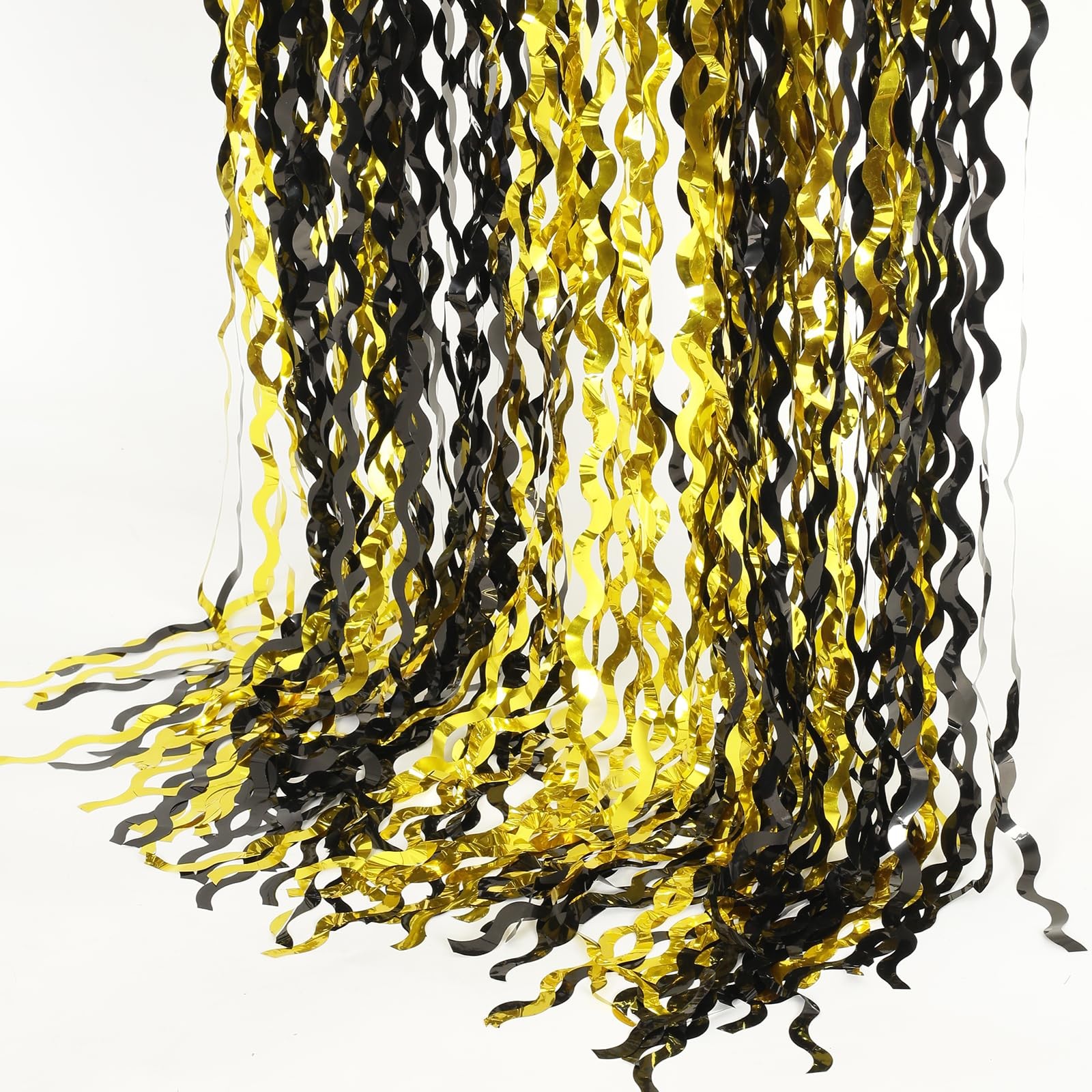 4 PCS Black and Gold Wavy Foil Fringe Curtains 3.3×6.6 FT Streamers