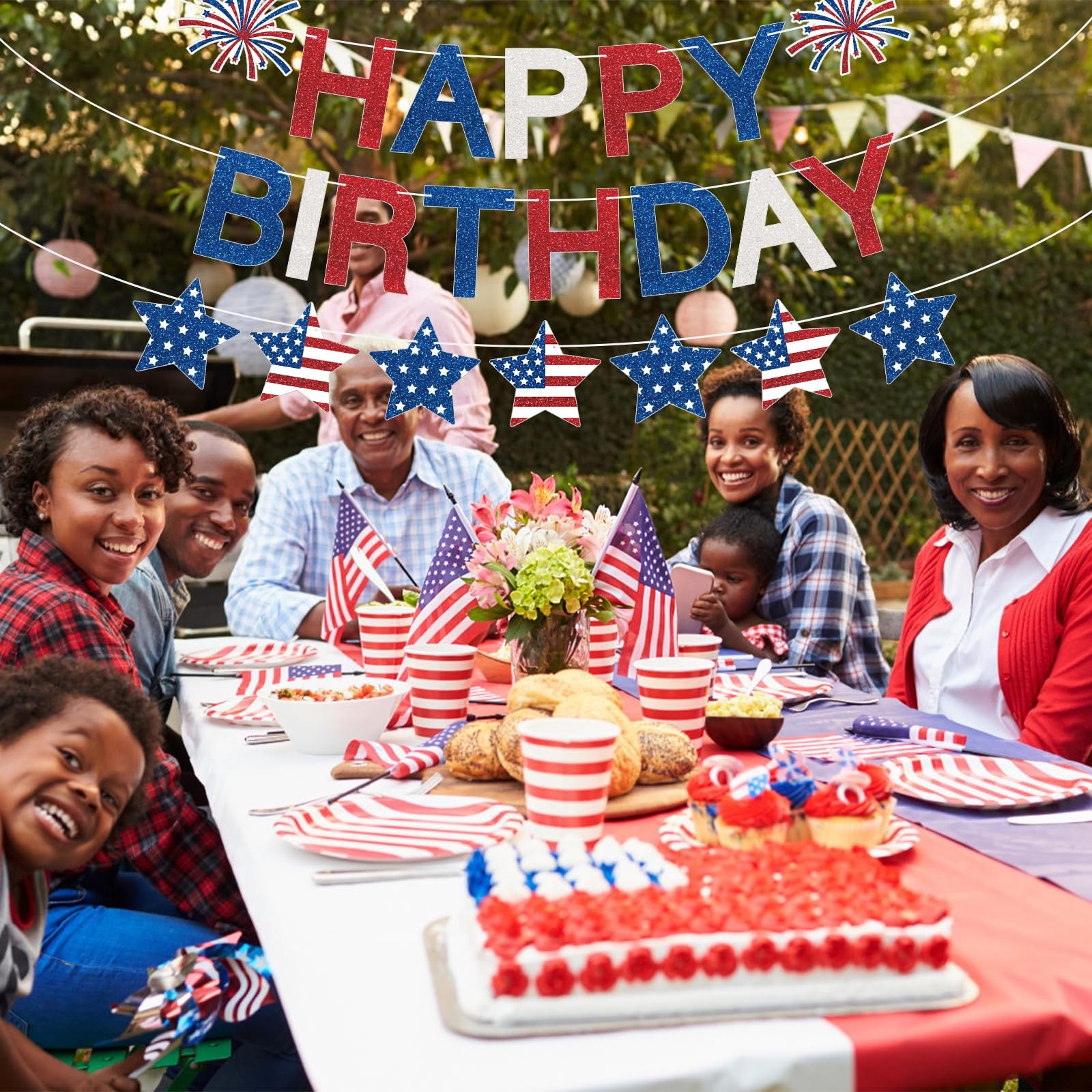 Happy Birthday Banner Patriotic Red White Blue Decorations, Glitter Happy Pat…