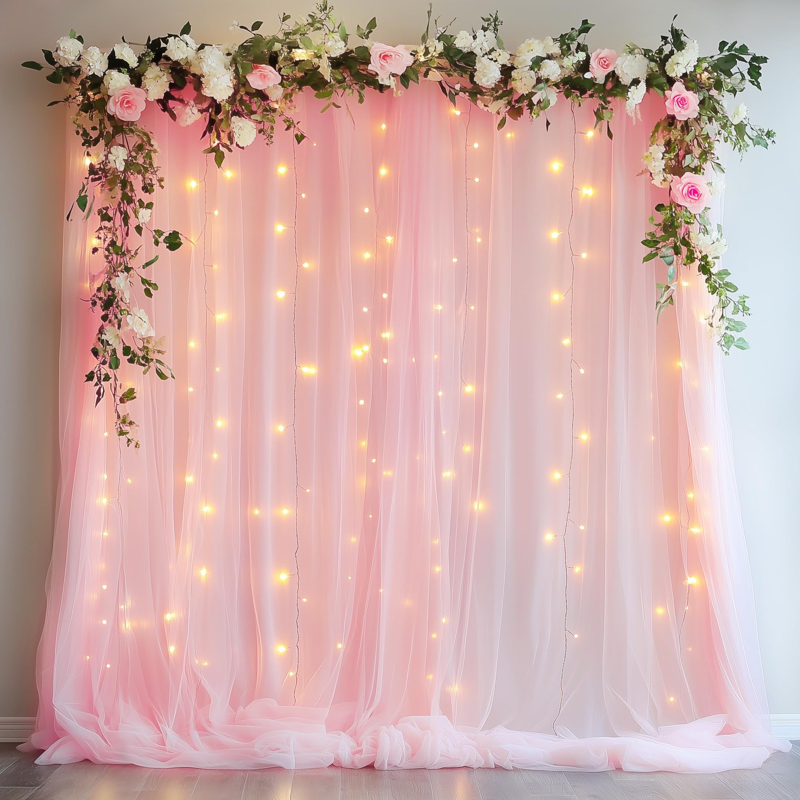 Tulle Backdrop Curtain With Lights 10x8ft Pink Sheer Wedding Party Decor