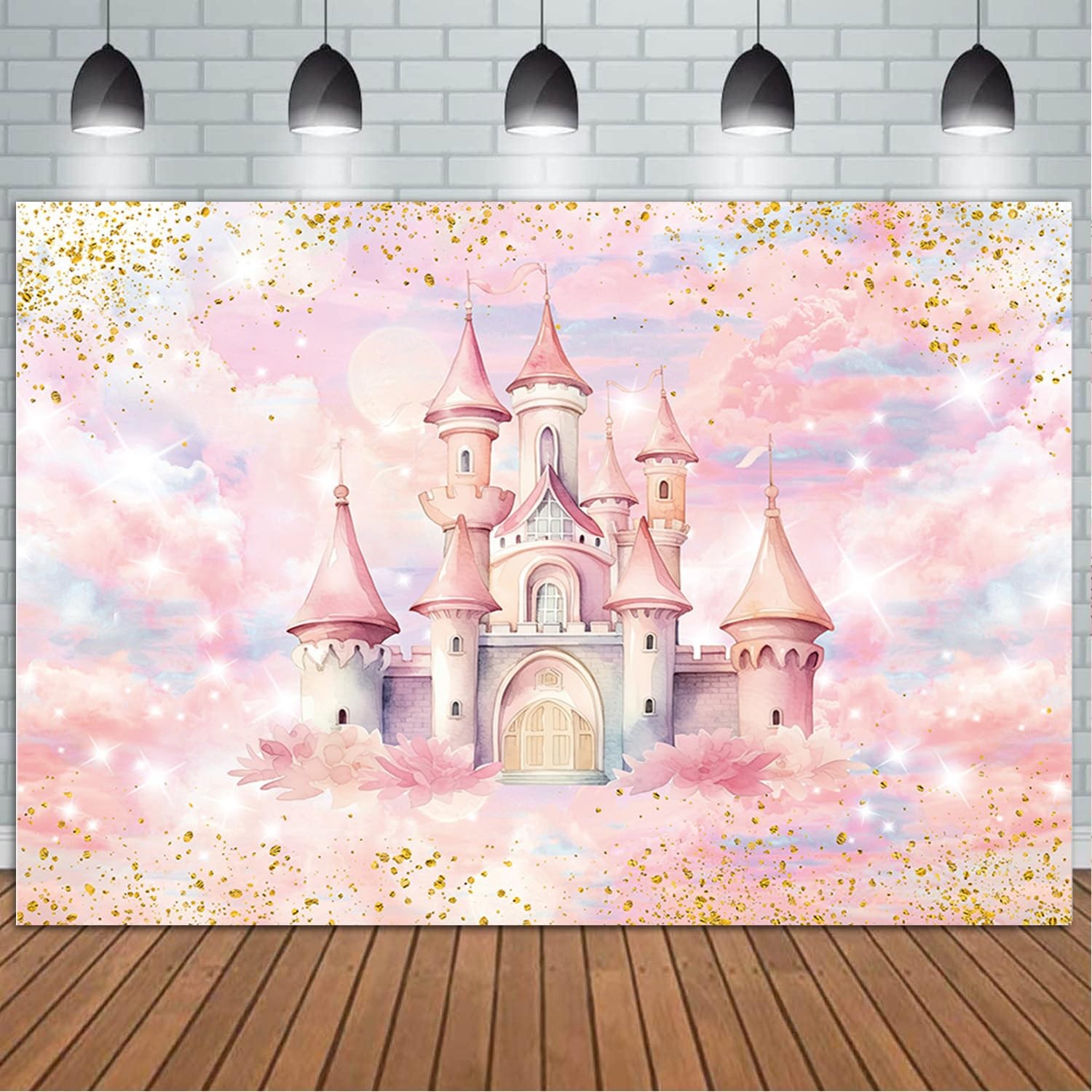 7x5ft Pink Princess Castle Backdrop Girl Birthday Watercolor Pastel Rainbow