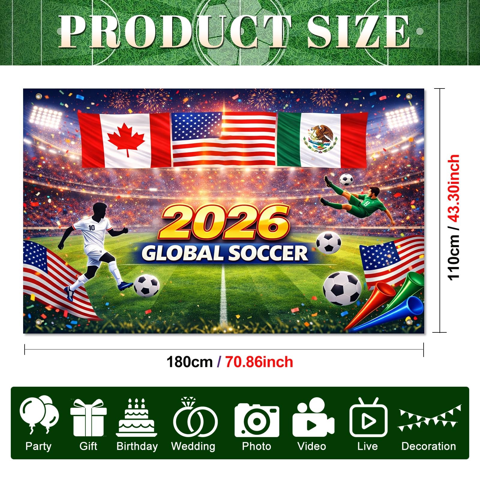2026 Global Soccer Banner 71×43 Inches Soccer Party Decorations Football Even…