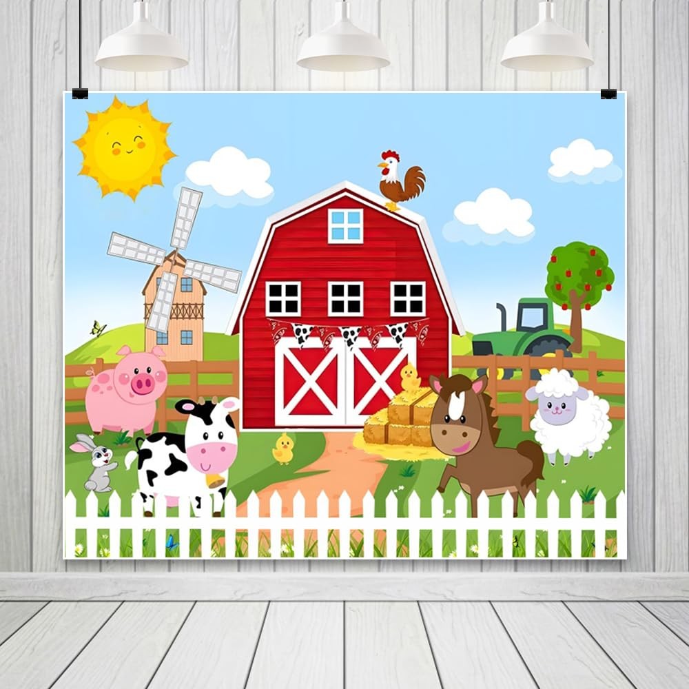 7x5ft Rustic Cartoon Farm Barn Decorations Backdrop Red Wood House Animals Ha…