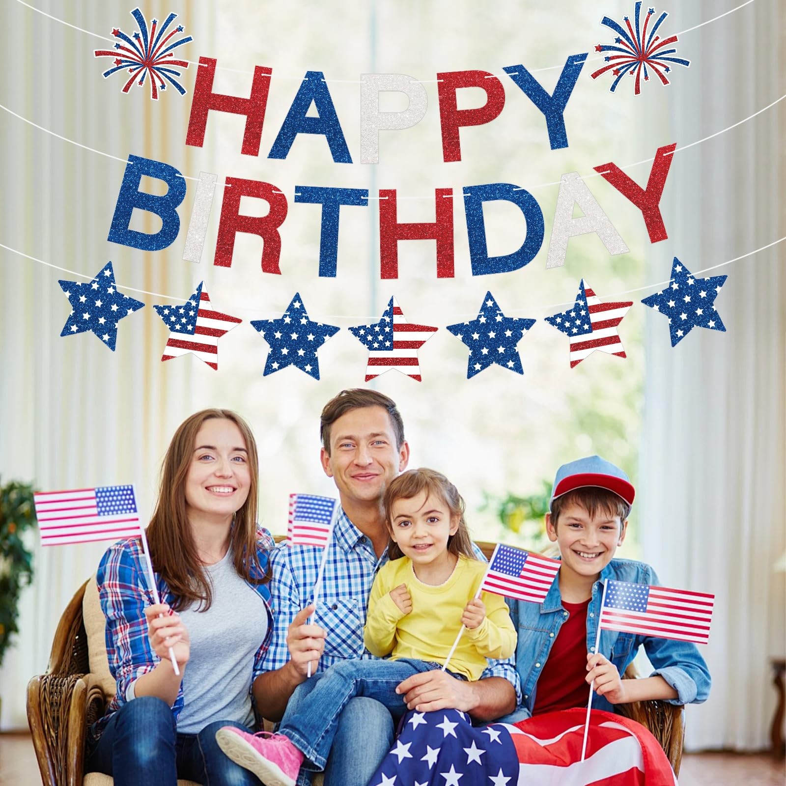 Happy Birthday Banner Patriotic Red White Blue Decorations, Glitter Happy Pat…