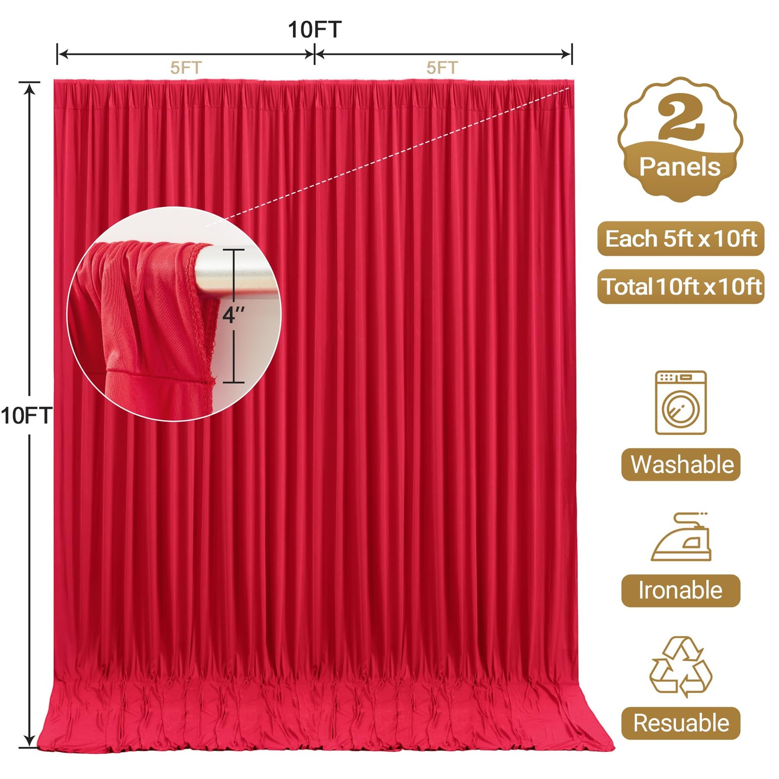 2 Panels Red Backdrop Curtain 10×10 FT Rod Pocket Wrinkle Free Photo Stage