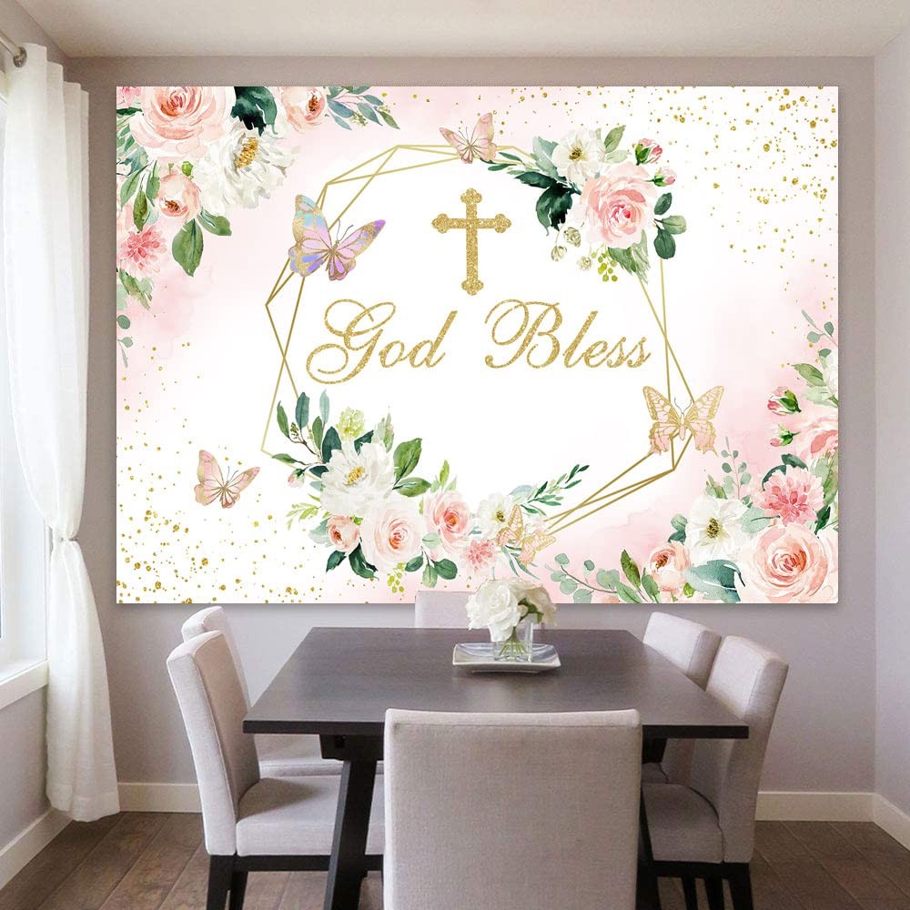 God Bless Backdrop for Girl Baptism Party First Holy Communion Confirmation D…