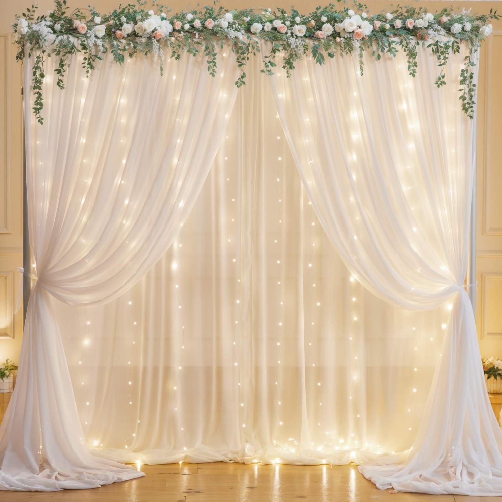 10ft x 7ft White Chiffon Backdrop Curtain Lights String Wrinkle Free Drapes