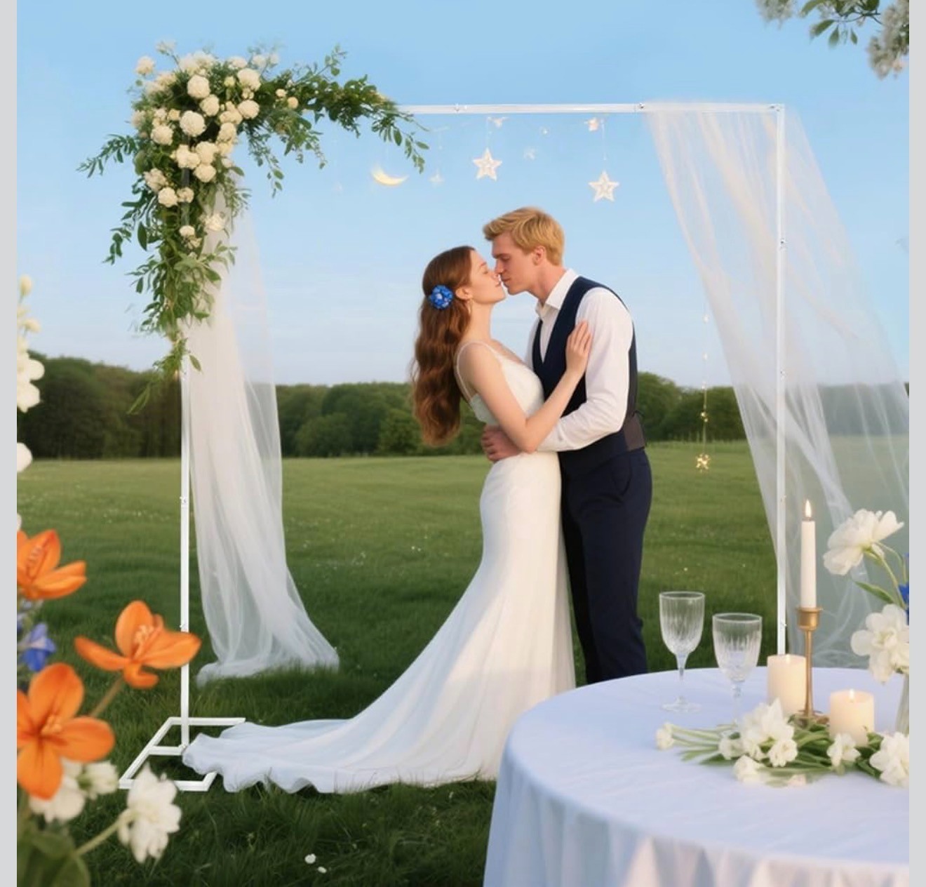 8.2FTx8.2FT White Adjustable Wedding Arch Backdrop Stand Square Tube Metal, NEW