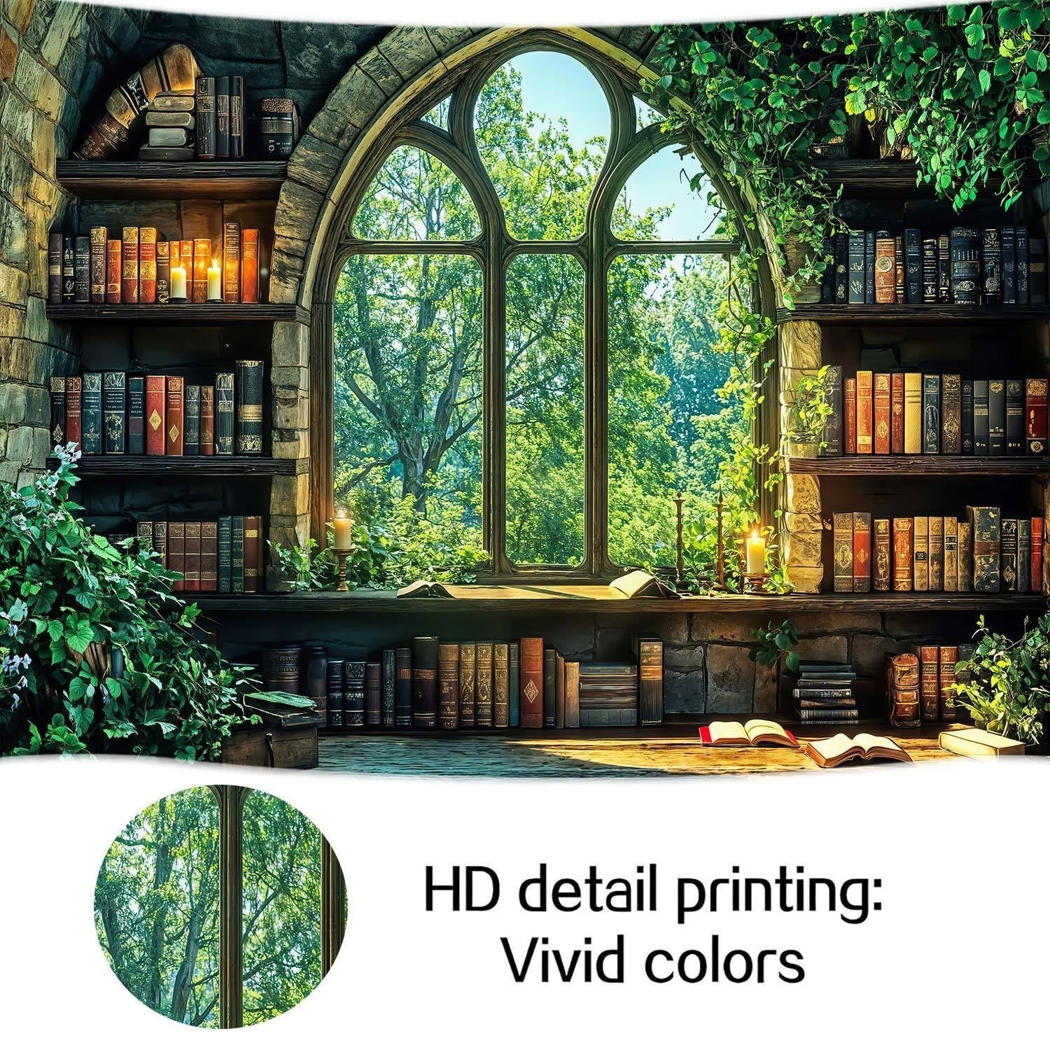 Vintage Forest Bookshelf Backdrop 10x8ft – Retro Green Library Photography Prop