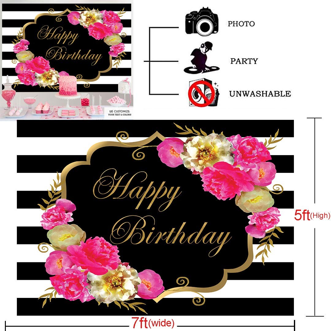 7x5ft Floral Happy Birthday Backdrop for Women Black White Stripe Background
